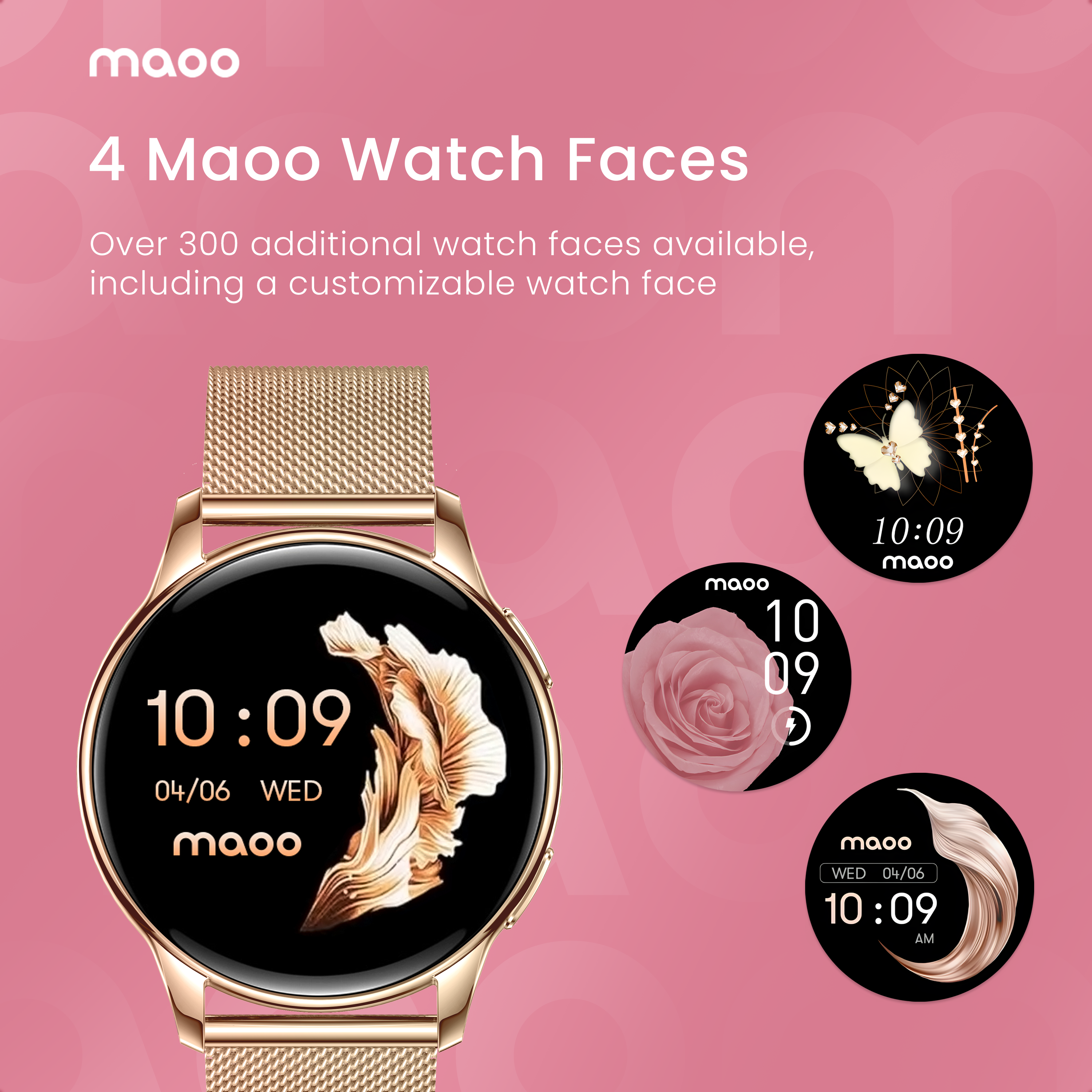 Uno smartwatch dorato con quattro quadranti, uno con un disegno di farfalla.