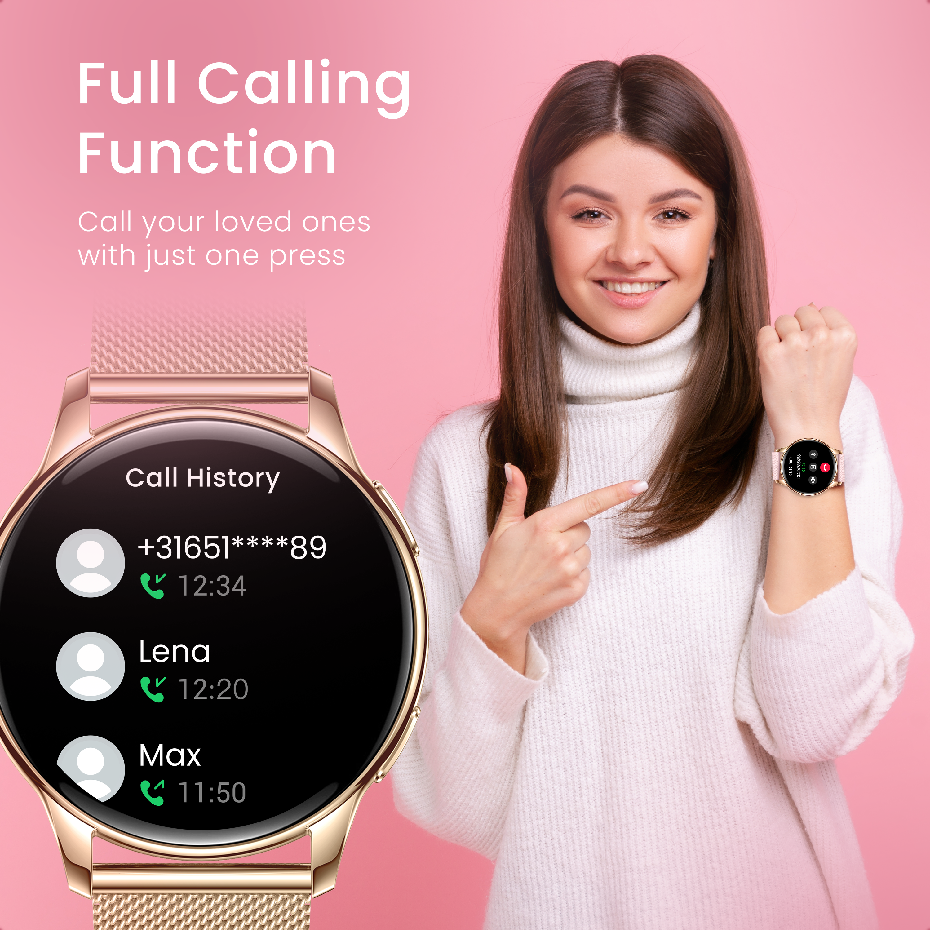Una donna con dolcevita bianco indica il display di uno smartwatch con cronologia chiamate.
