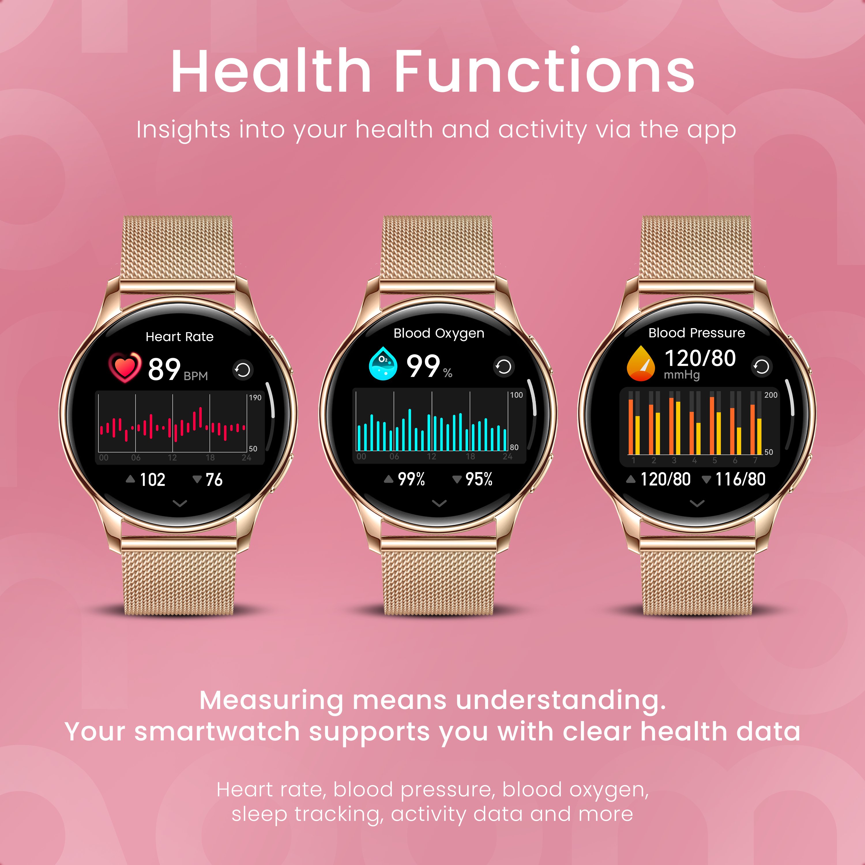 Tre smartwatch dorati mostrano frequenza cardiaca, ossigeno e pressione sanguigna.