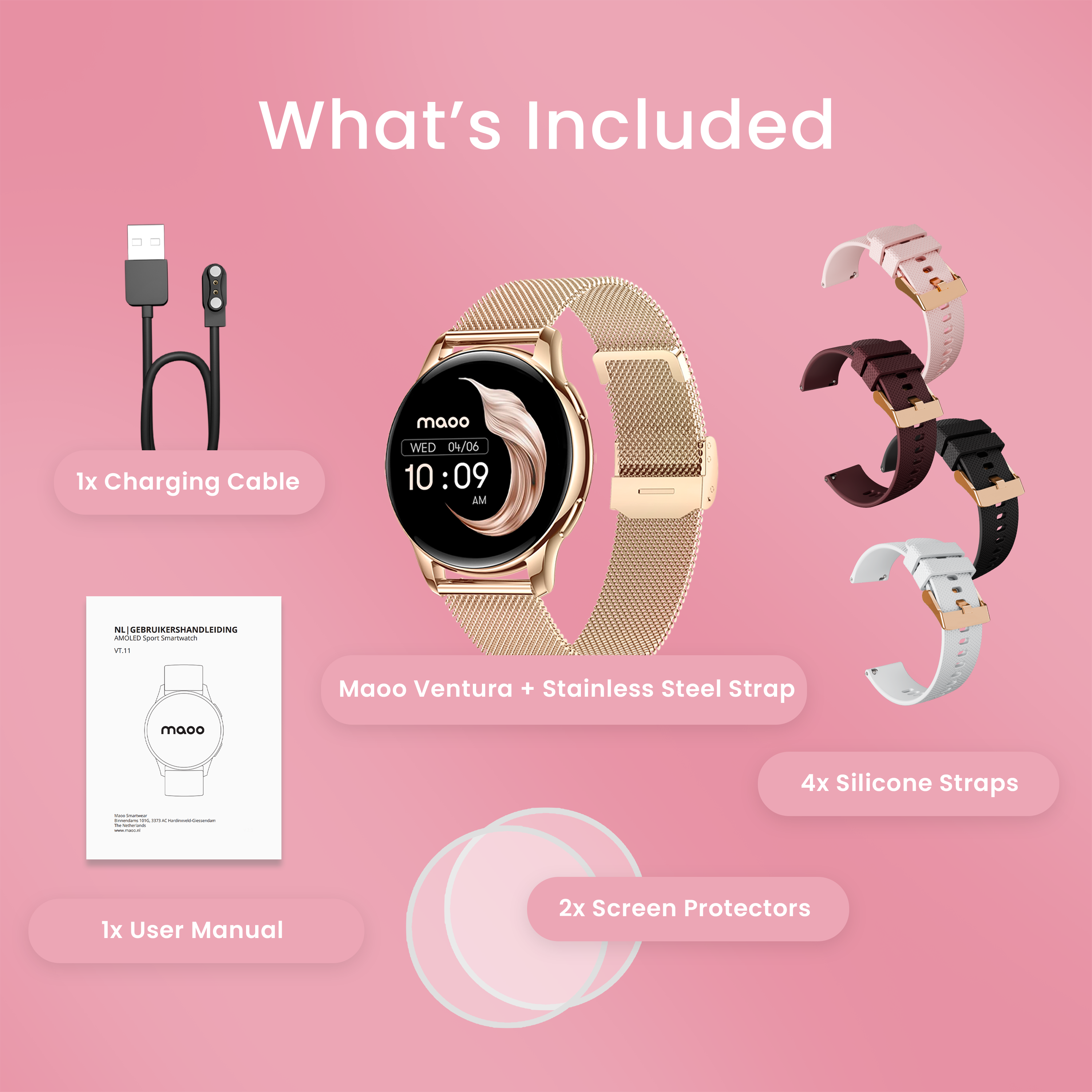 Smartwatch dorato con accessori: cavo di ricarica, cinturini, manuale, protezioni.