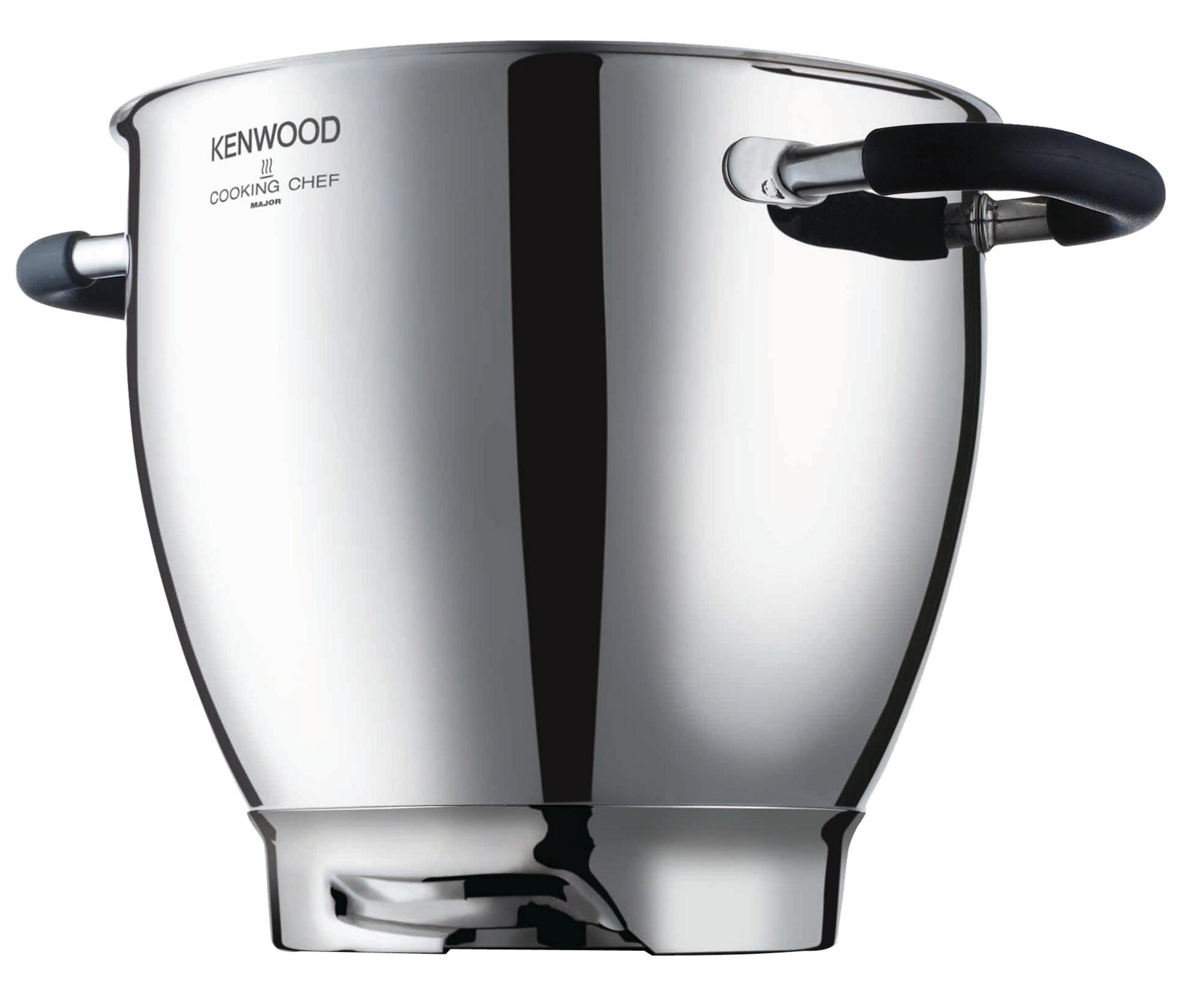 Glänzende Metallschüssel mit zwei schwarzen Griffen und „Kenwood Cooking Chef Major“ Aufschrift.