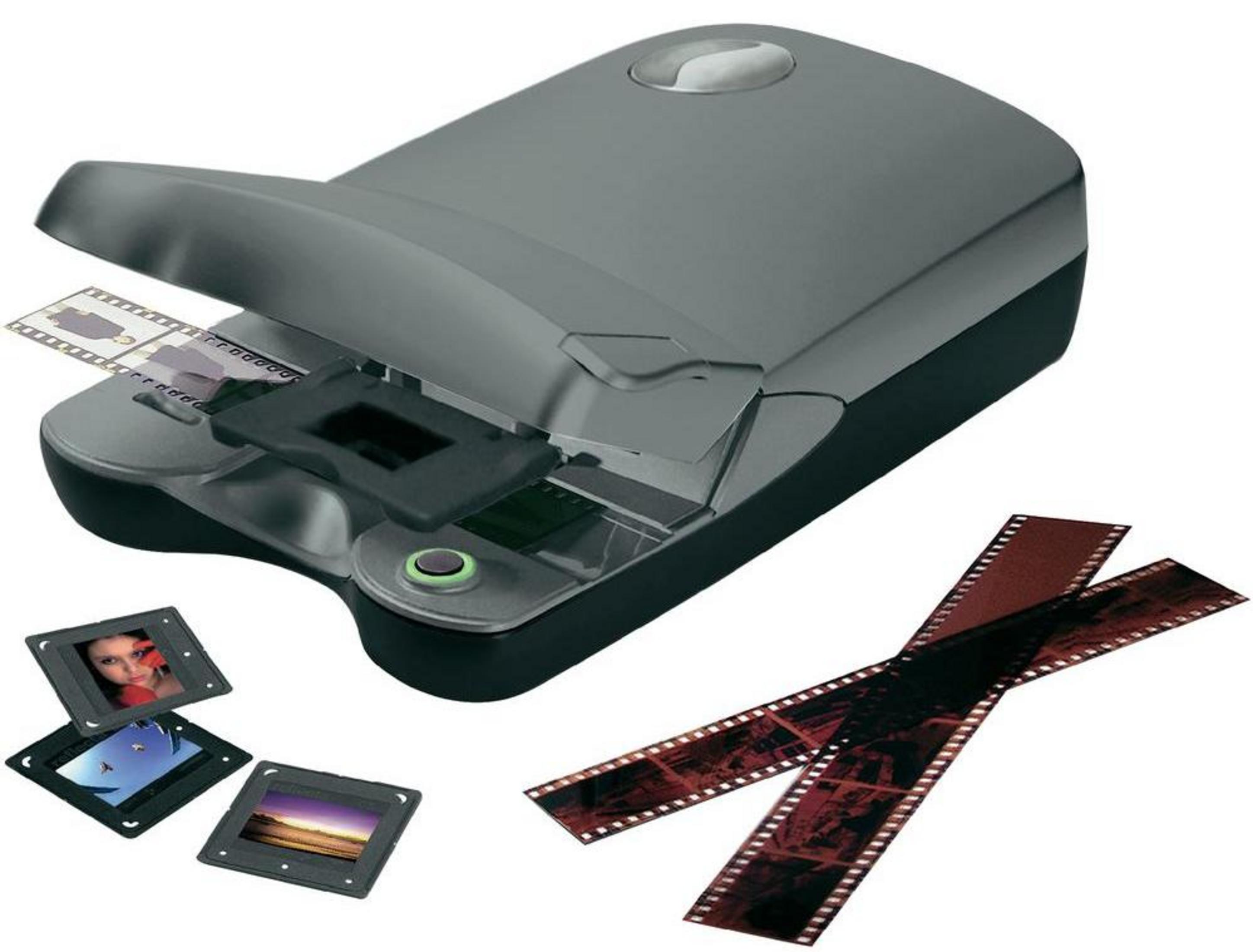 Uno scanner per pellicole digitali con strisce di pellicola e diapositive.