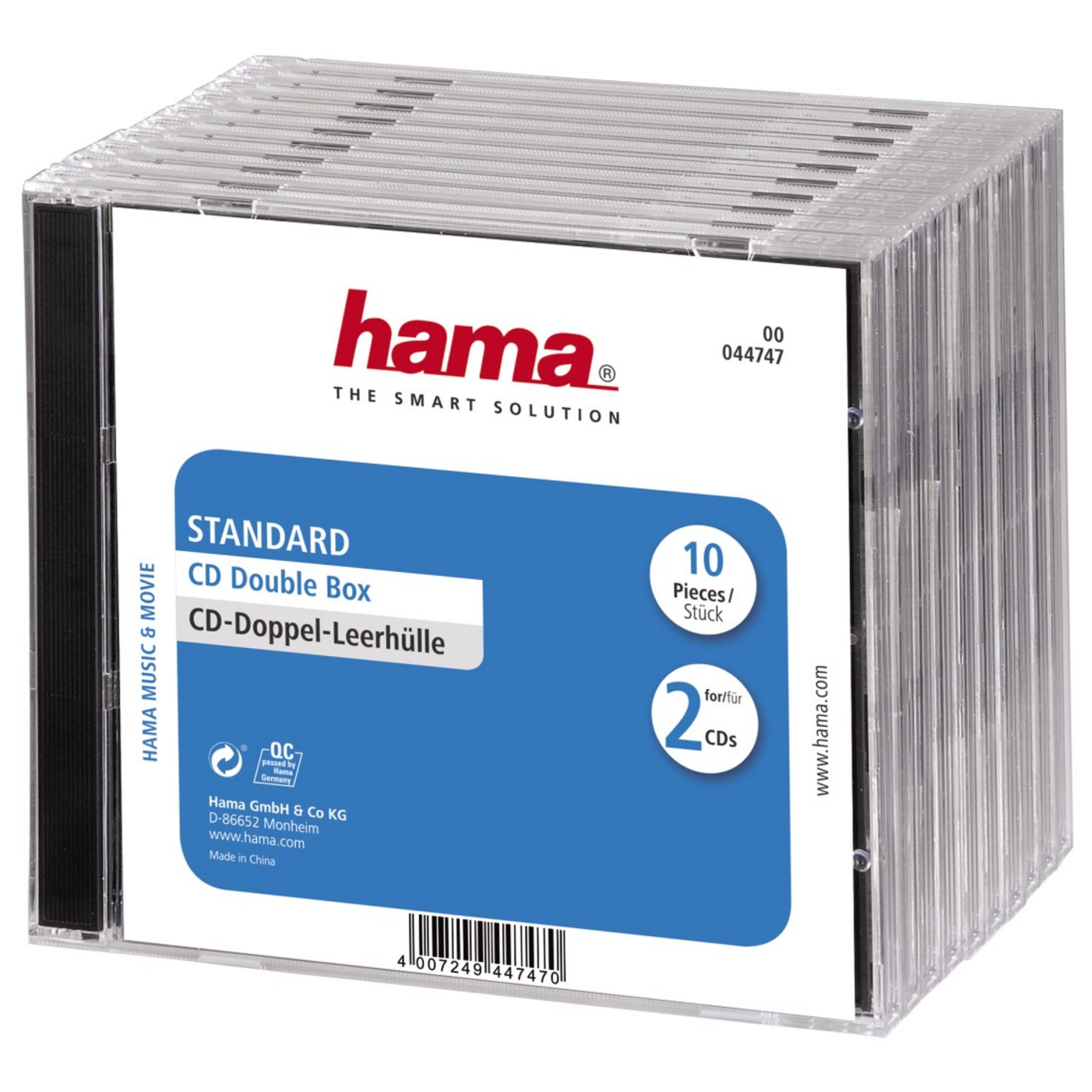 Pacco da 10 Doppie Scatole CD Hama, con fronte blu e informazioni prodotto.