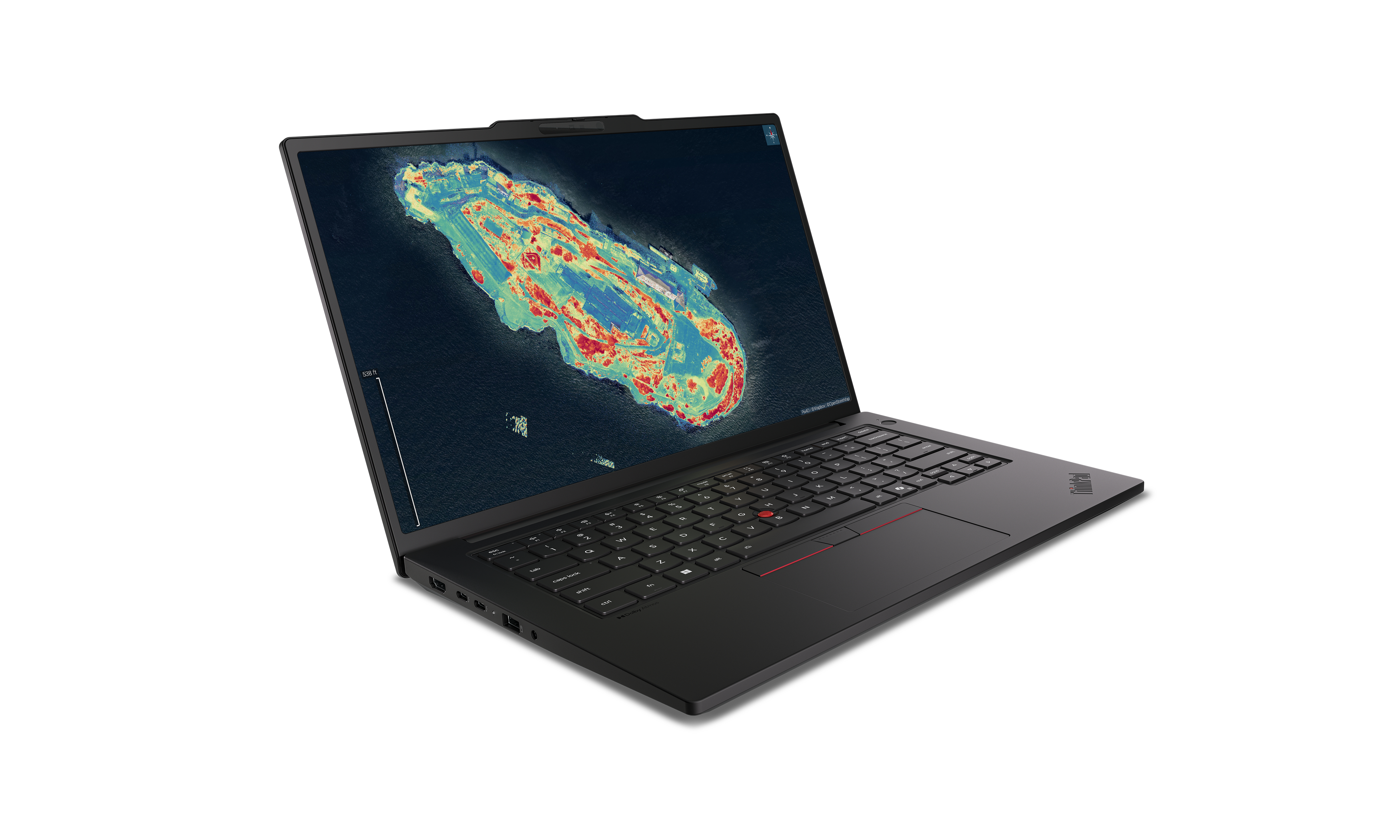 Laptop nero che mostra una mappa colorata di un'isola con dati. Sfondo bianco.