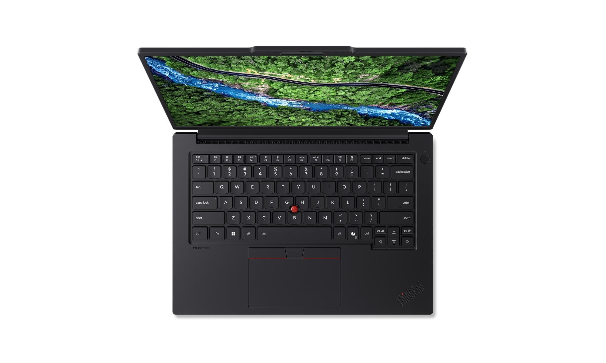 Un laptop nero aperto che mostra un'immagine di paesaggio sullo schermo.