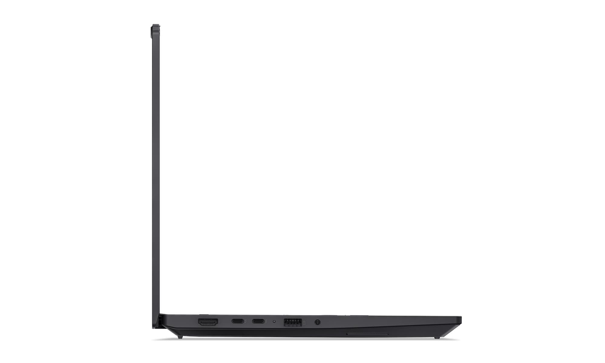 Laptop nero in vista laterale, che mostra porte e fessure di ventilazione.