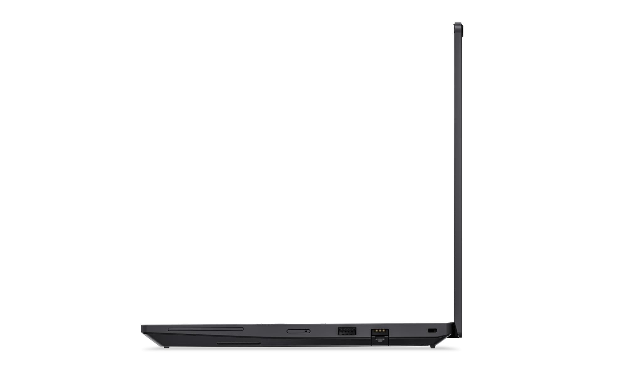 Laptop nero di profilo, con porte visibili sul lato.