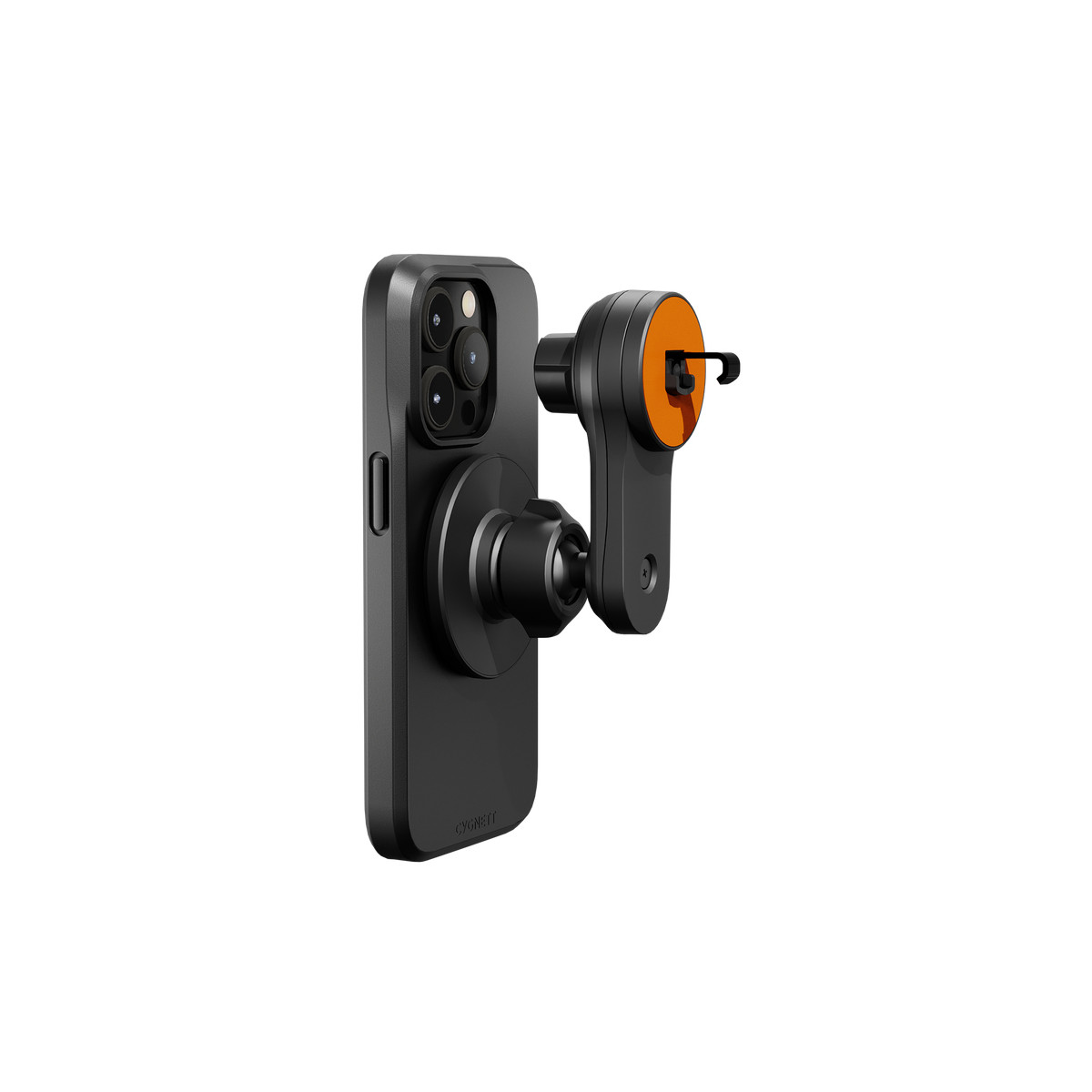 Ein schwarzes iPhone mit einem Halterungszubehör mit orangefarbenem Detail.