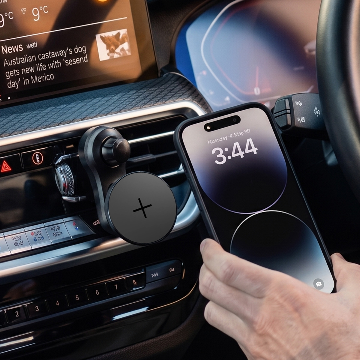 Ein Handy wird in der Nähe eines Lüftungsschlitzes an einem Armaturenbrett gehalten.