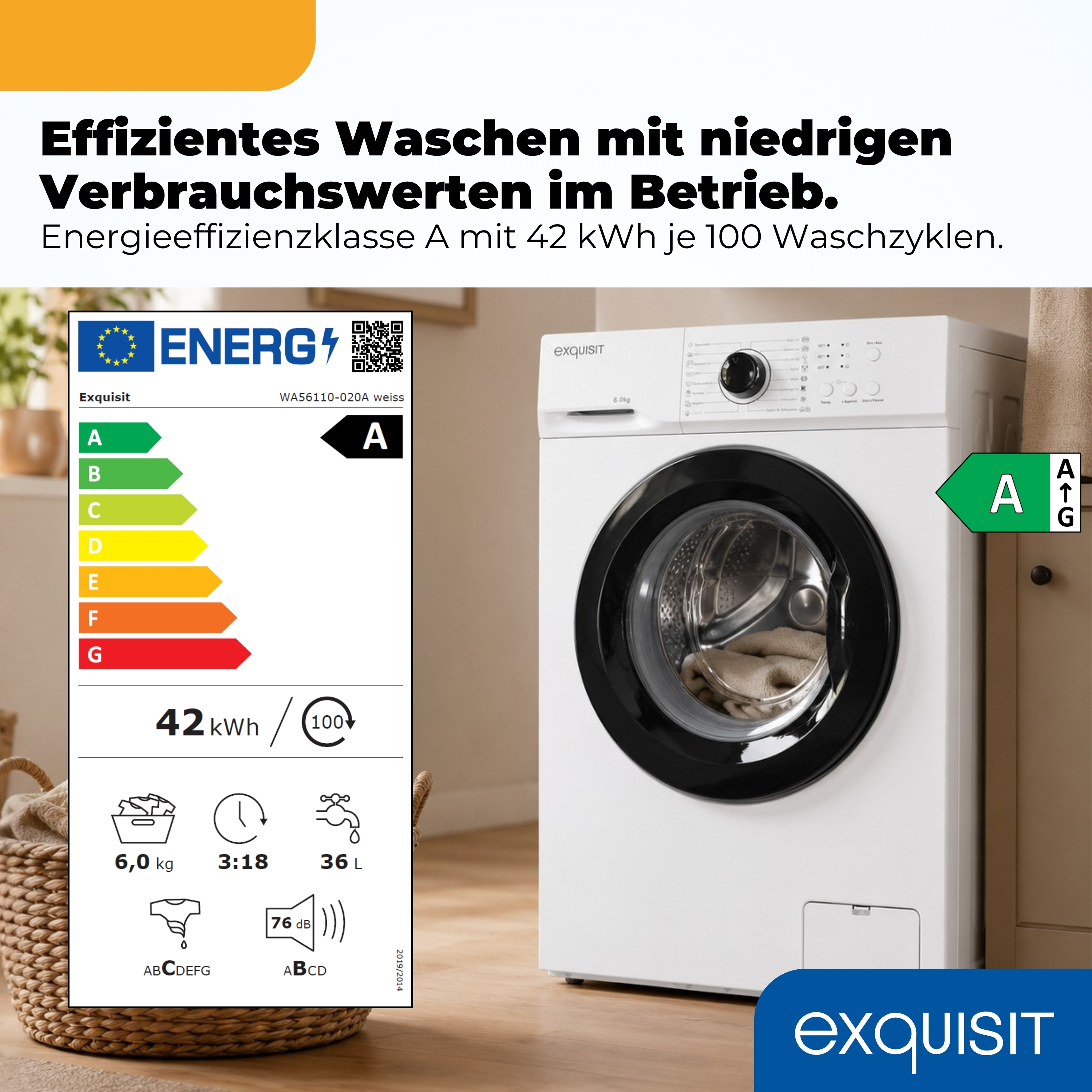 Eine weiße Exquisit Waschmaschine mit Energieeffizienzklasse A und detaillierten Verbrauchswerten.