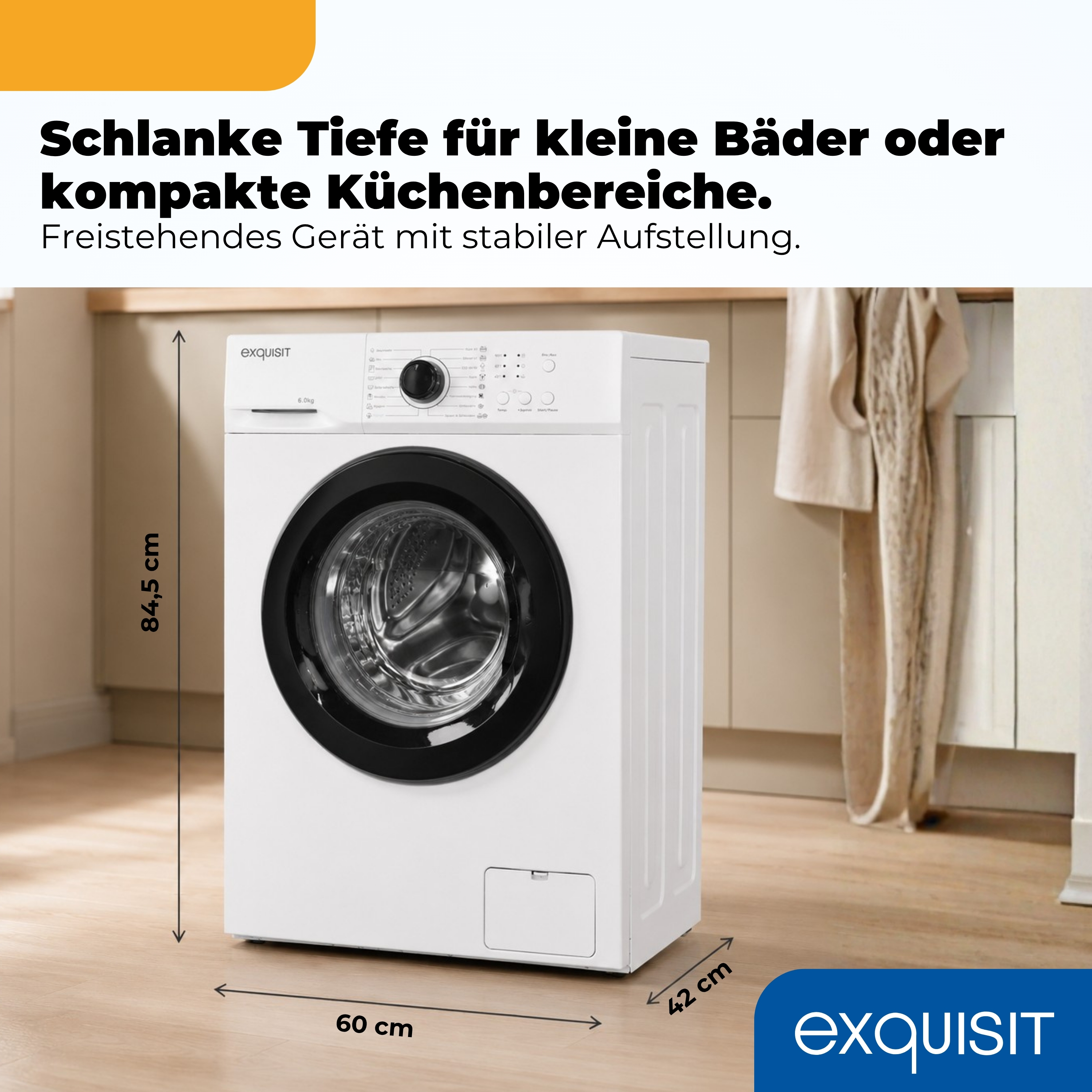 Weiße Waschmaschine mit schwarzer Tür vor Schrankwand. Maße 84,5x60x42cm.