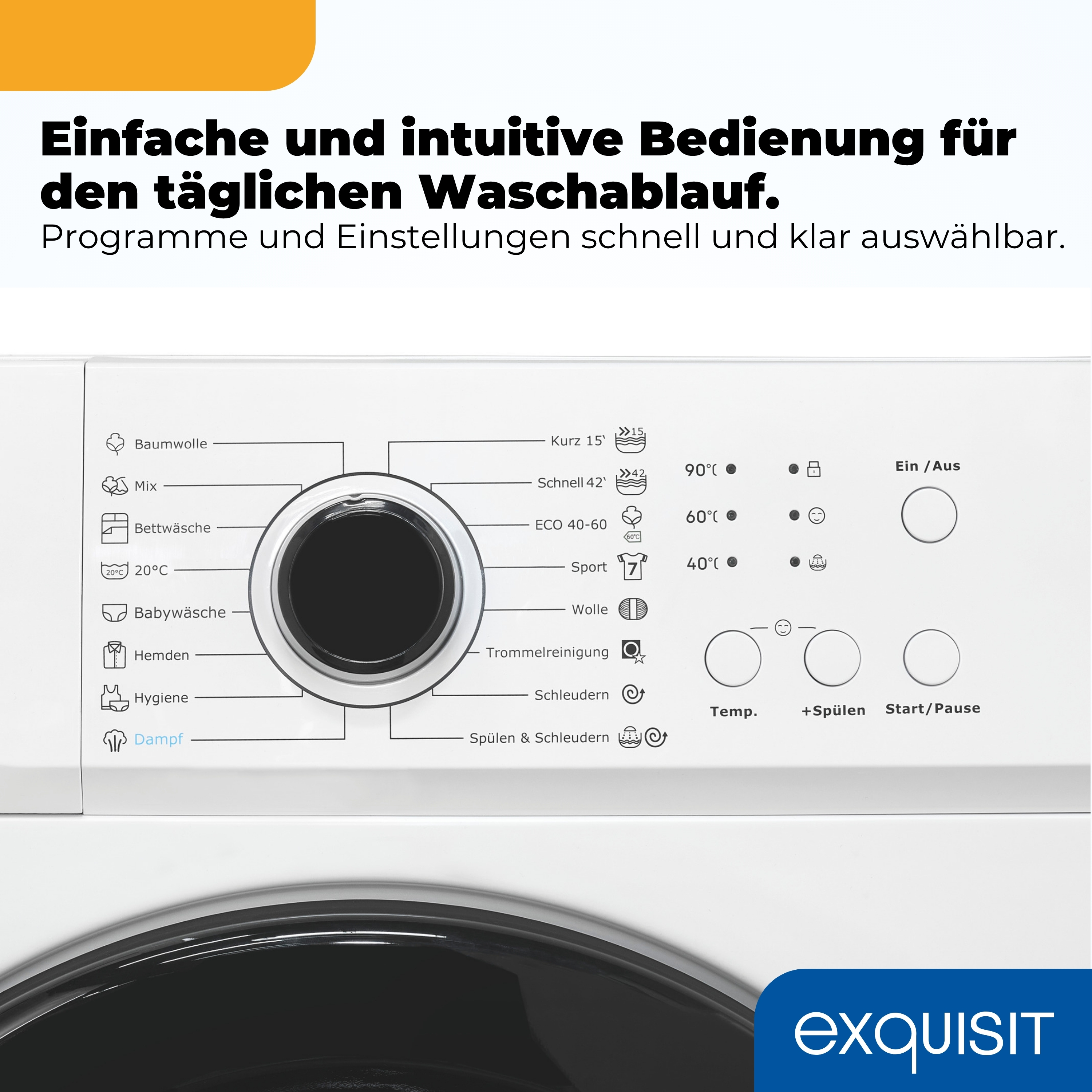 Eine weiße Waschmaschine mit Bedienfeld, das Programme wie Baumwolle, Mix, Bettwäsche anzeigt.