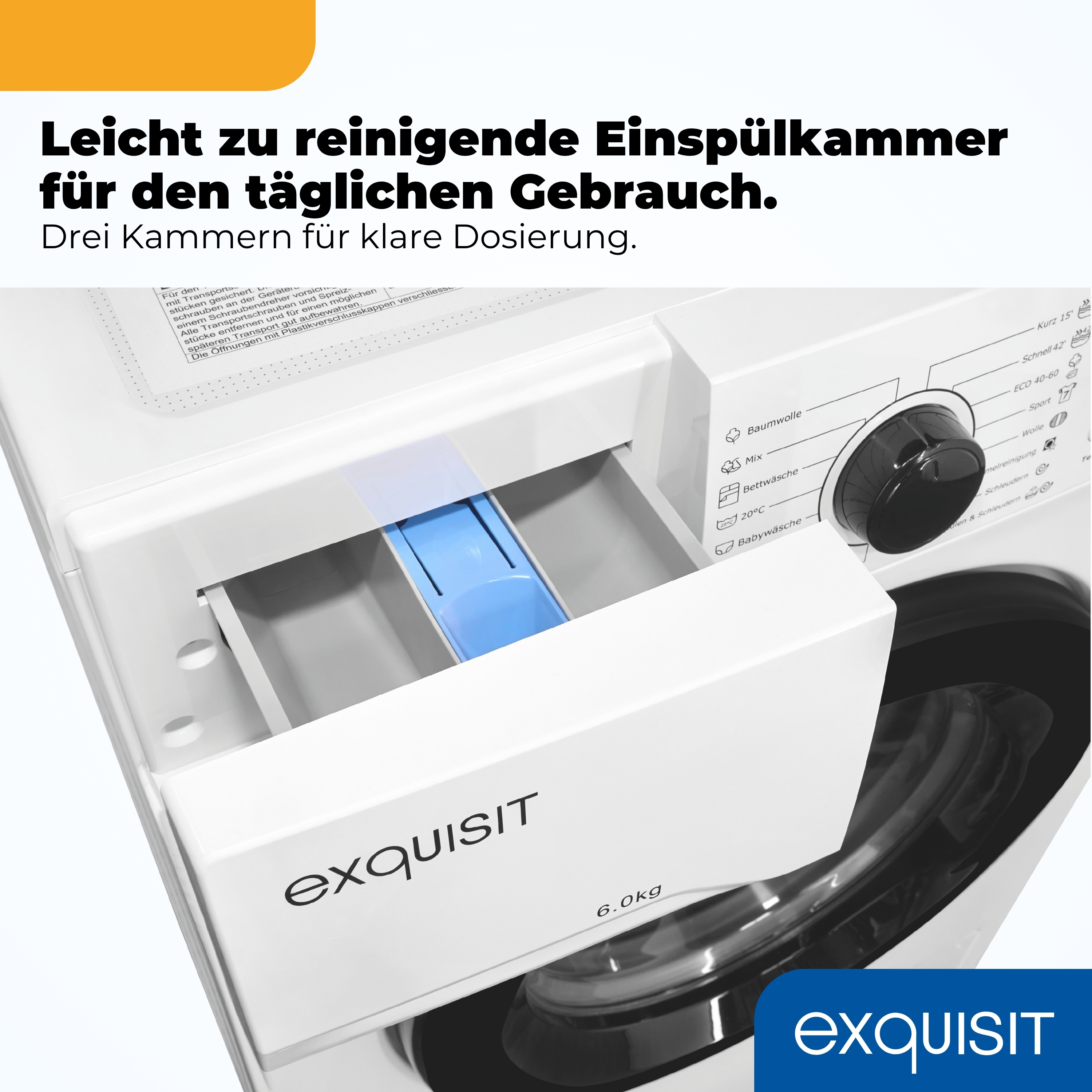 Eine weiße Waschmaschine mit einem ausziehbaren Waschmittelbehälter und einem Bedienfeld mit Drehknopf.