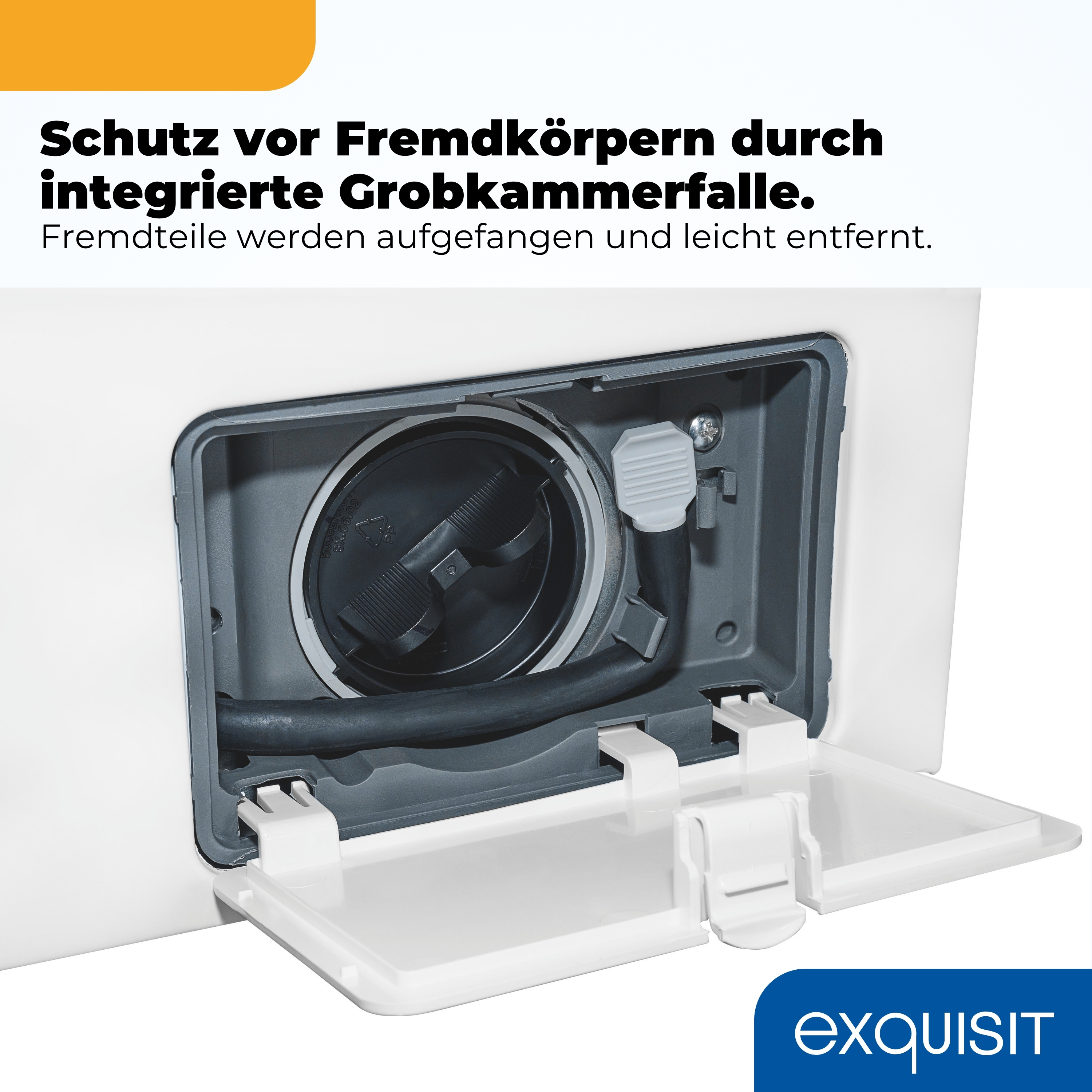 Eine Waschmaschinen-Filterklappe mit schwarzem Schlauch und grauem Griff.
