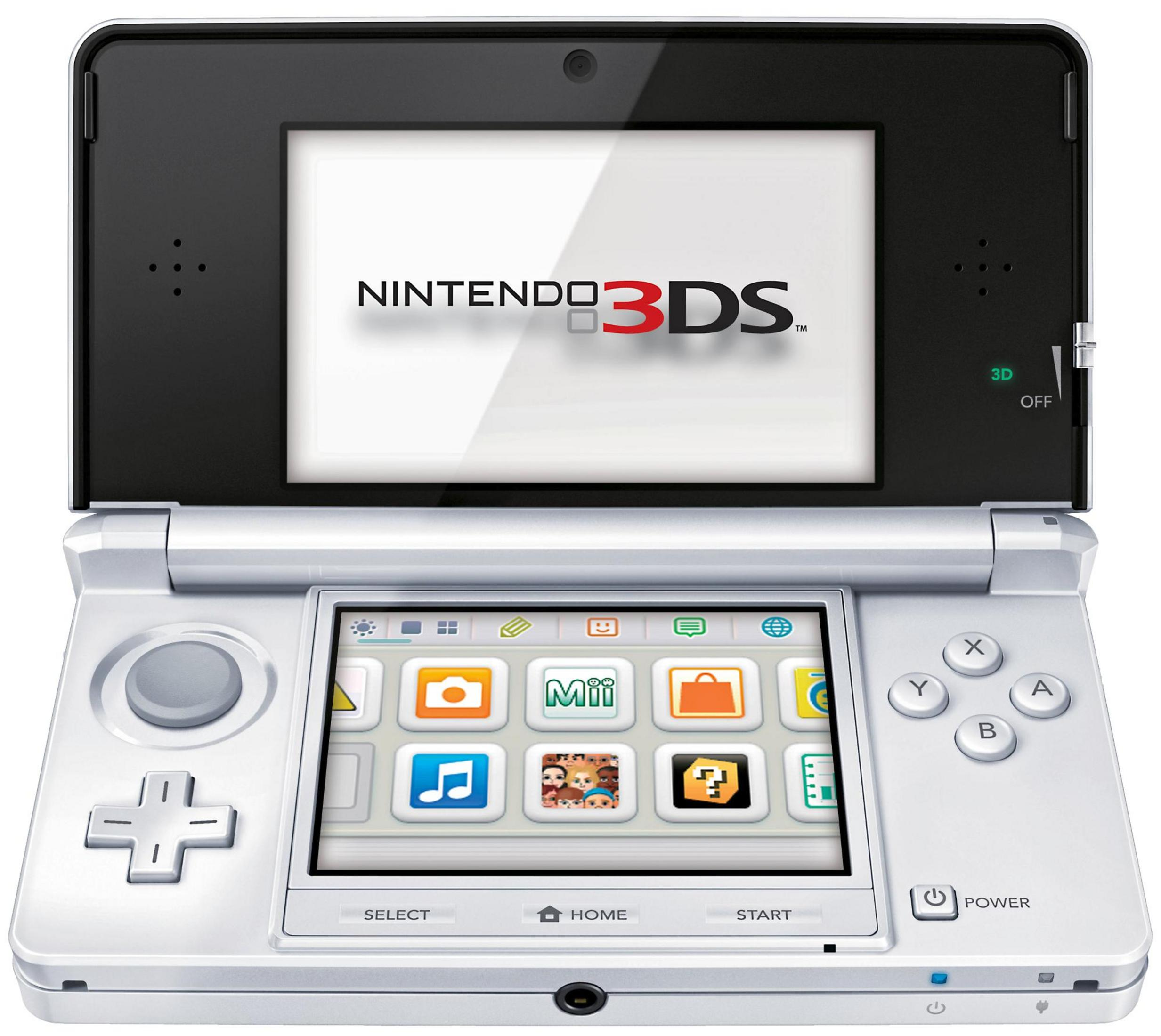 Een witte Nintendo 3DS, open, met het logo op het bovenste scherm.