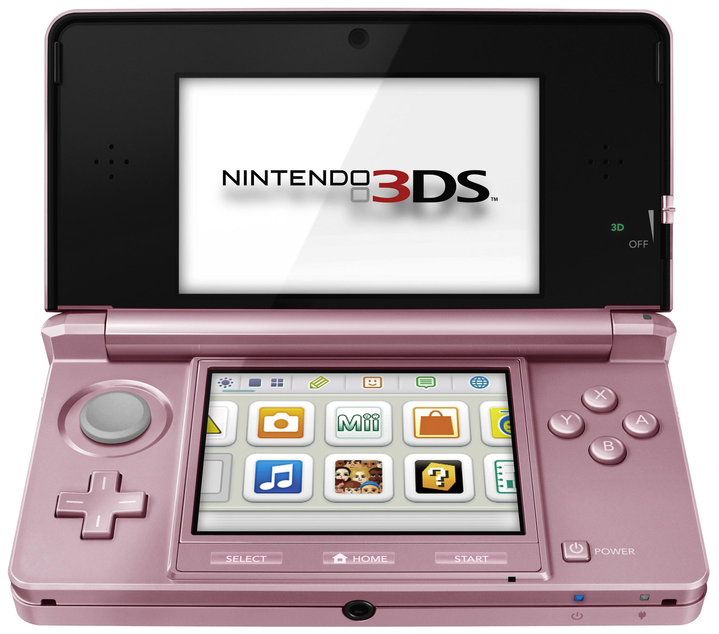Un Nintendo 3DS rosa, aperto, mostra lo schermo con icone del menu.