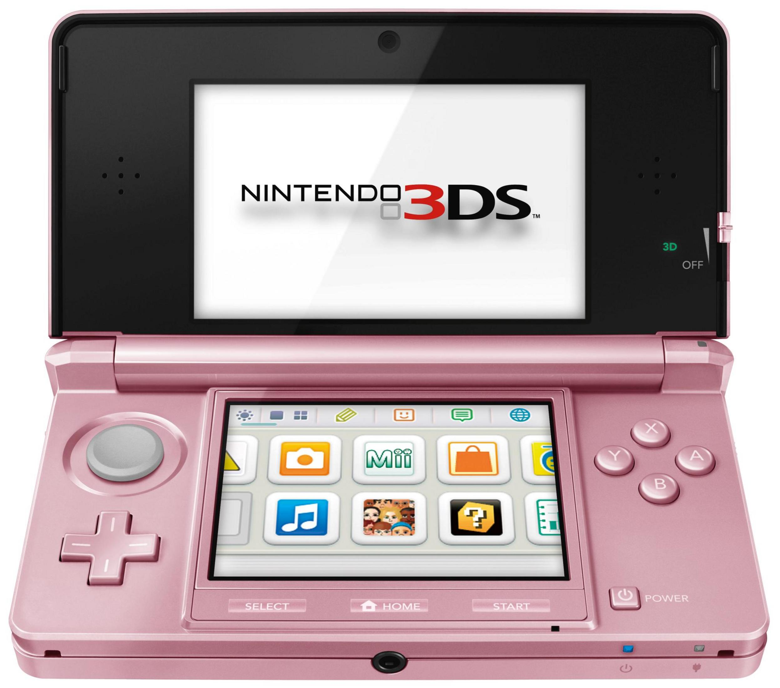 Un Nintendo 3DS rosa con gli schermi superiore e inferiore aperti.