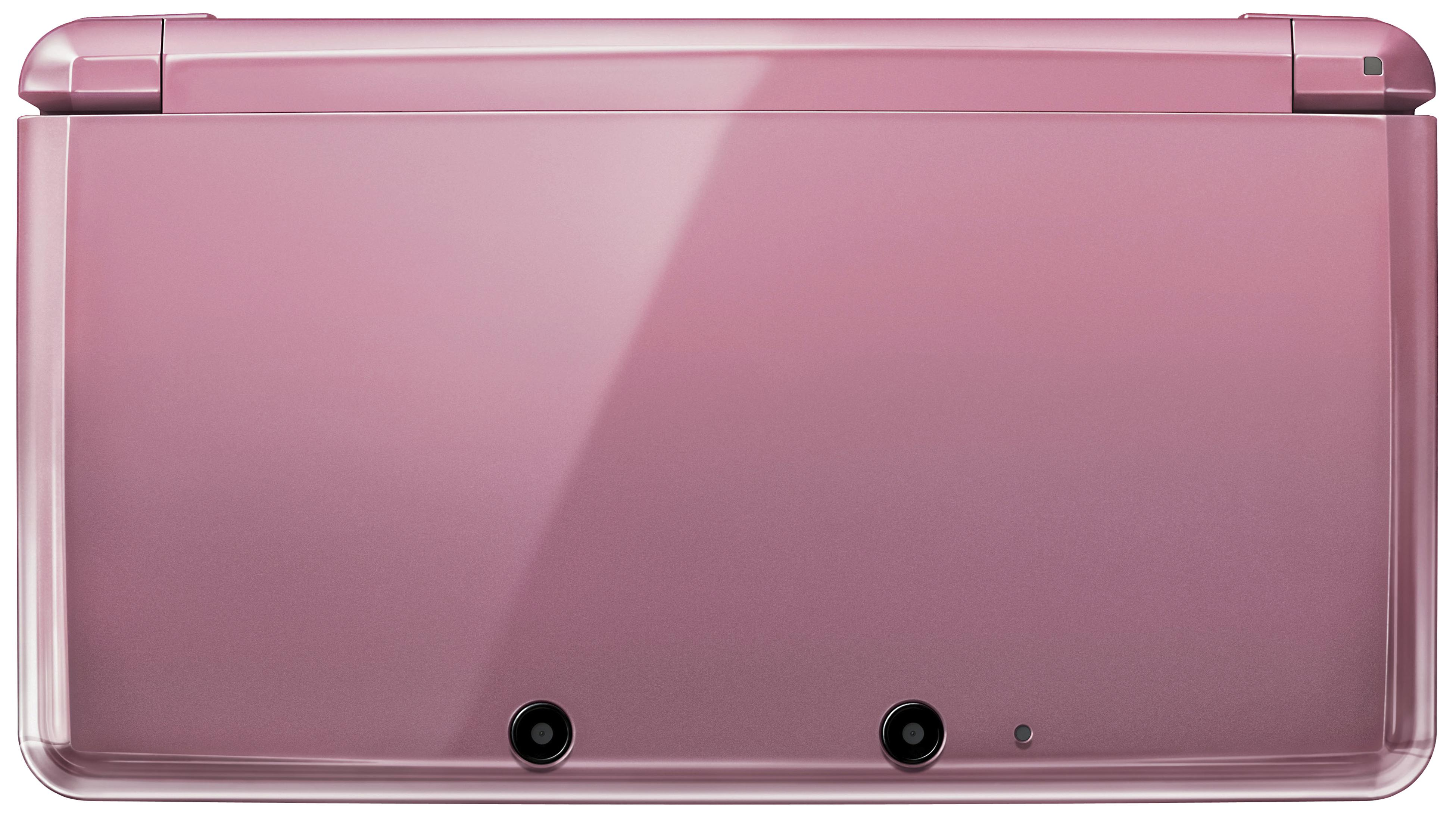 Un Nintendo 3DS XL rosa con due obiettivi della fotocamera in basso.