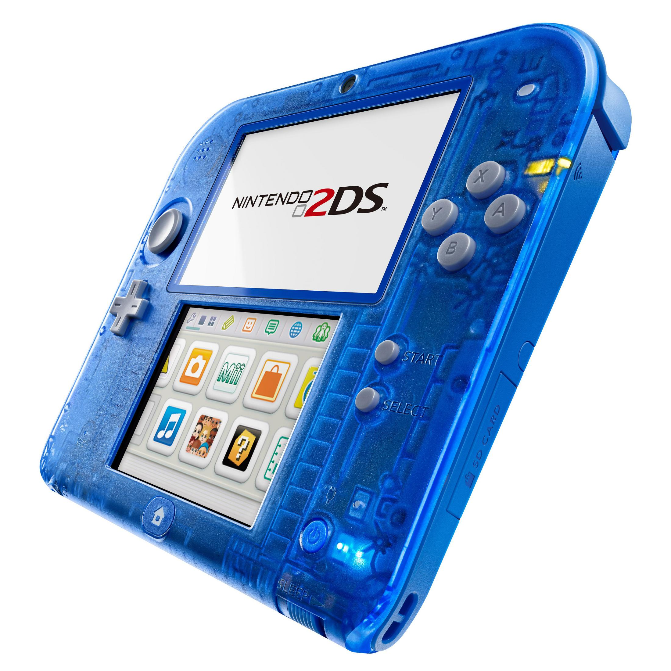 Un Nintendo 2DS blu trasparente con schermo bianco che mostra il logo.