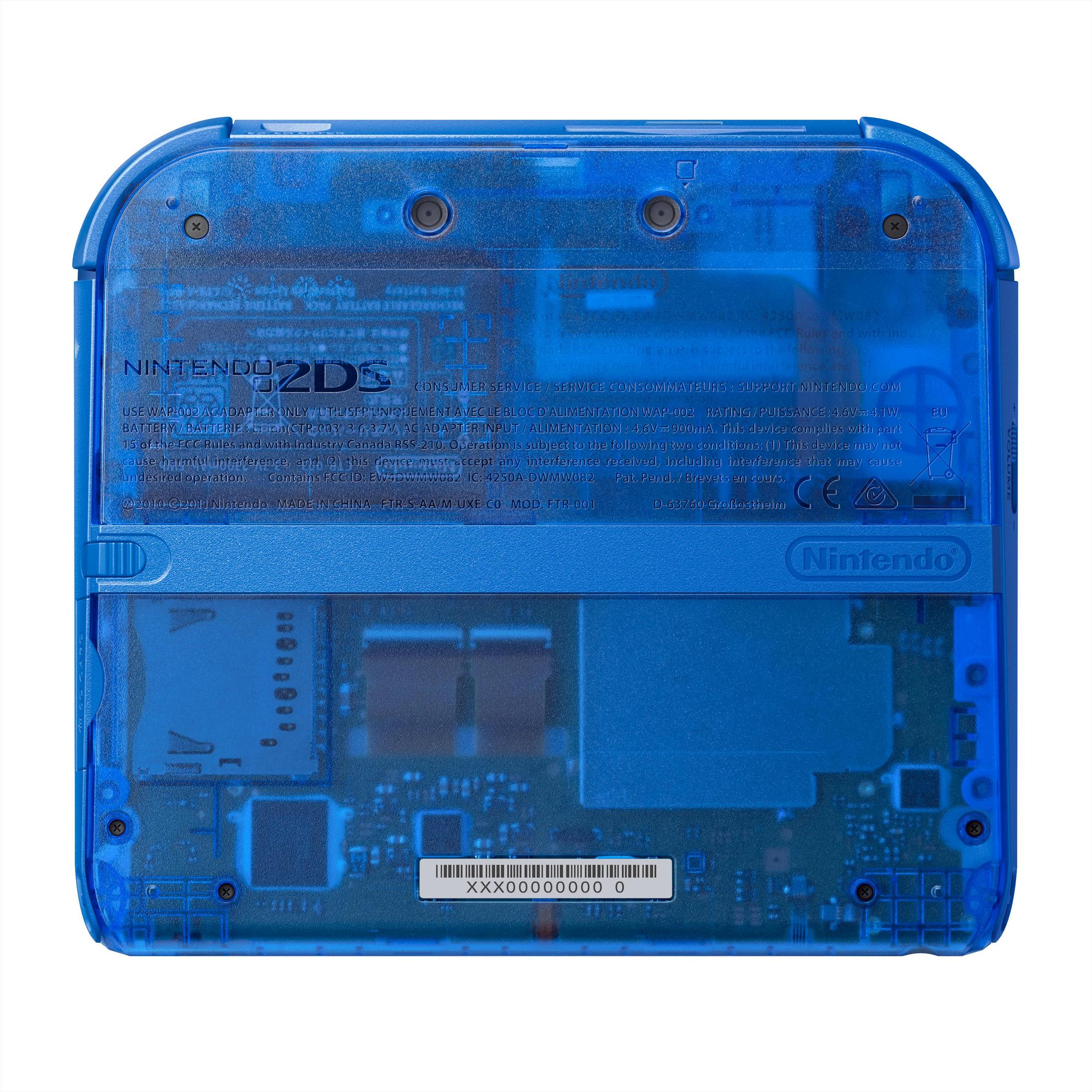Retro blu traslucido Nintendo 2DS con viti, etichette e componenti.