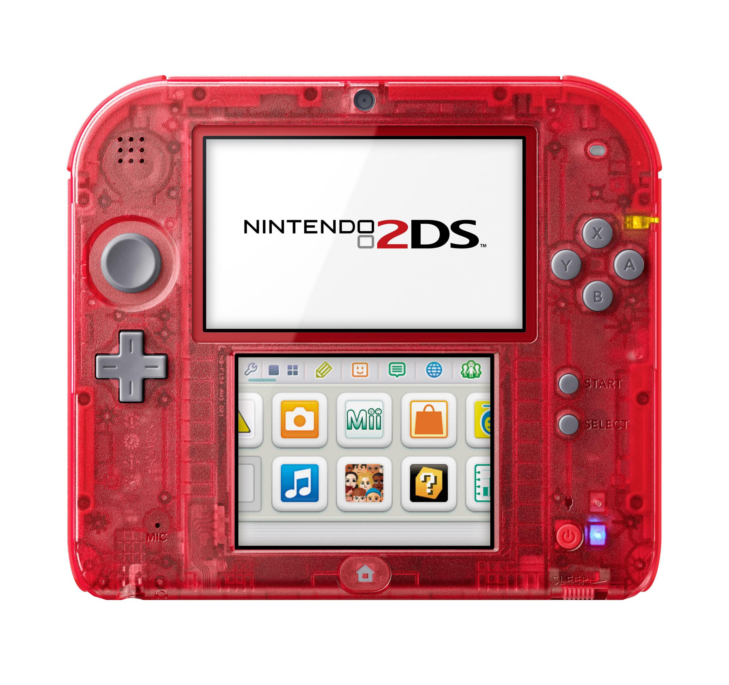 Un Nintendo 2DS rosso trasparente con due schermi e pulsanti di controllo.