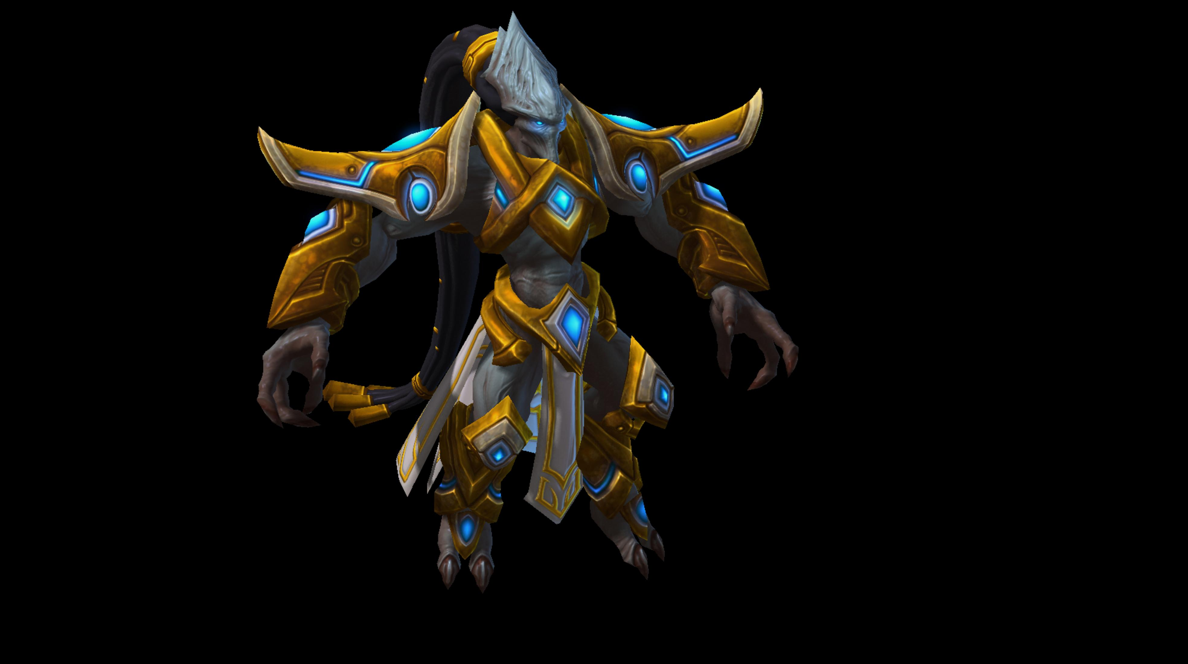 Un guerriero Protoss in armatura oro e blu con una coda di cavallo nera.