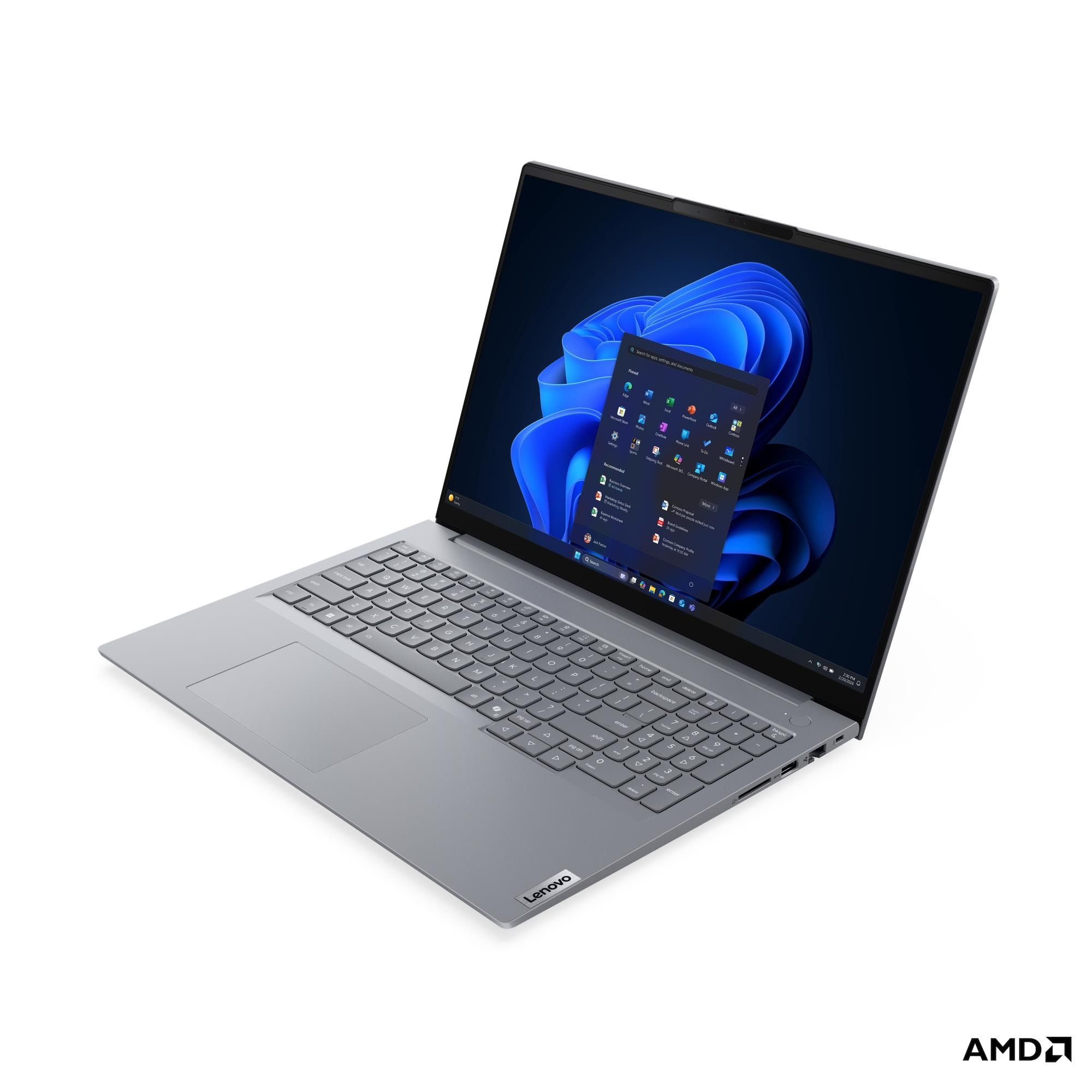 Un laptop Lenovo grigio con schermo aperto, che mostra Windows 11.