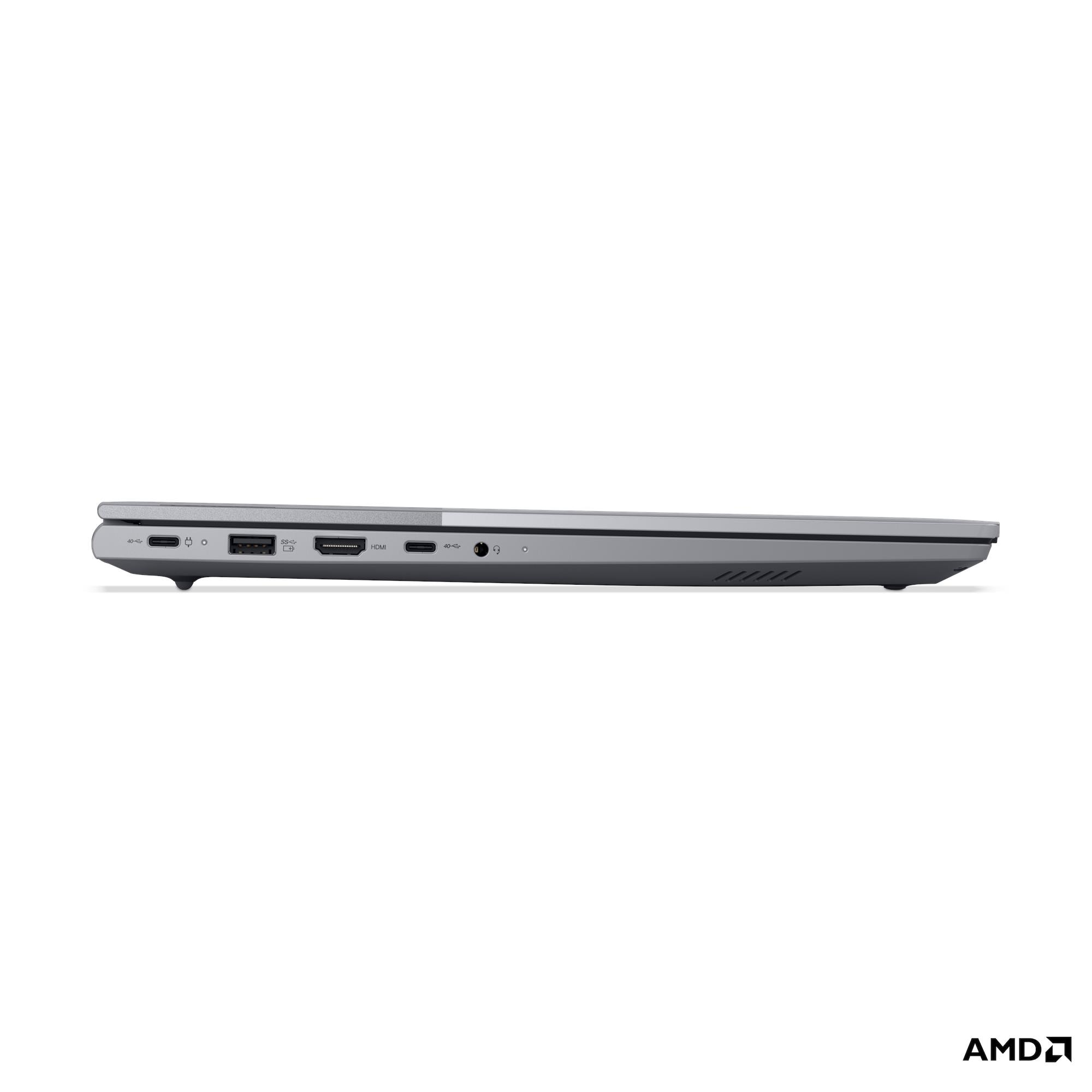 Vista laterale di un laptop grigio con porte: USB-C, HDMI, jack per cuffie.