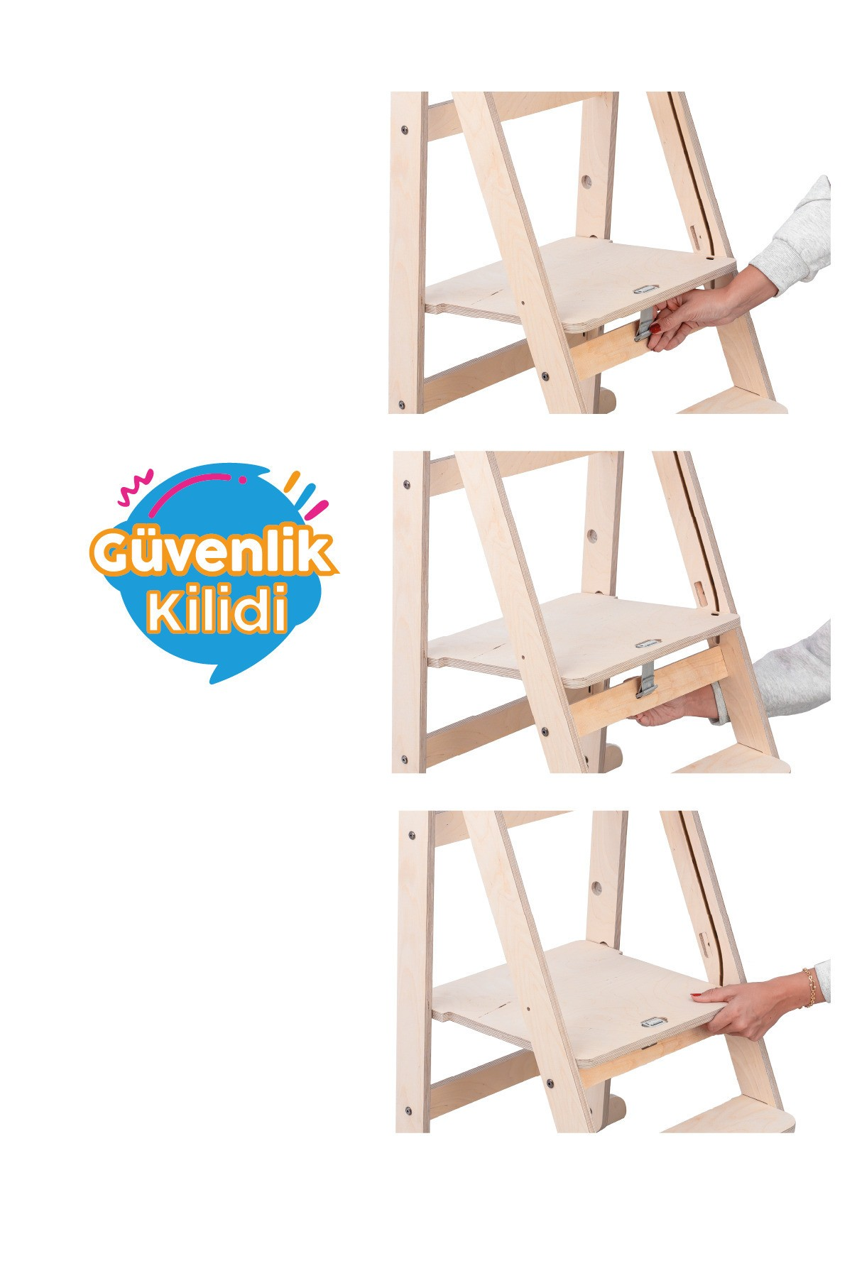 Ahşap sandalye güvenlik kilidi mekanizmalı, elle çalıştırılıyor.