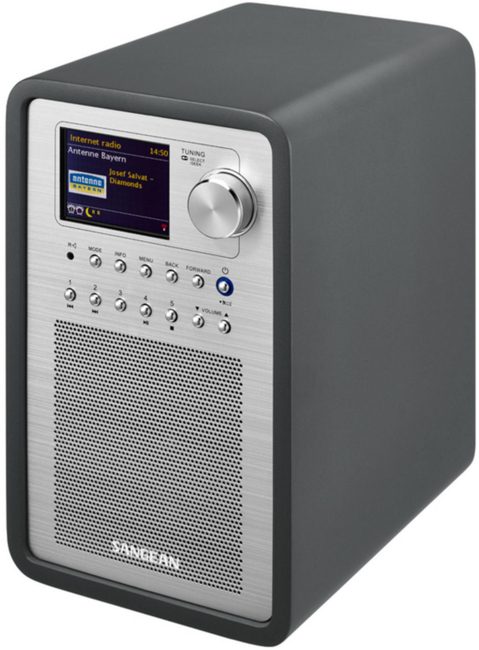 Una radio por internet moderna con panel frontal plateado, pantalla y muchos botones.