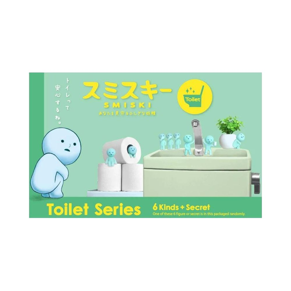Smiski Toiletten-Serienfiguren auf Toilettenpapierrollen und einem Waschbecken.