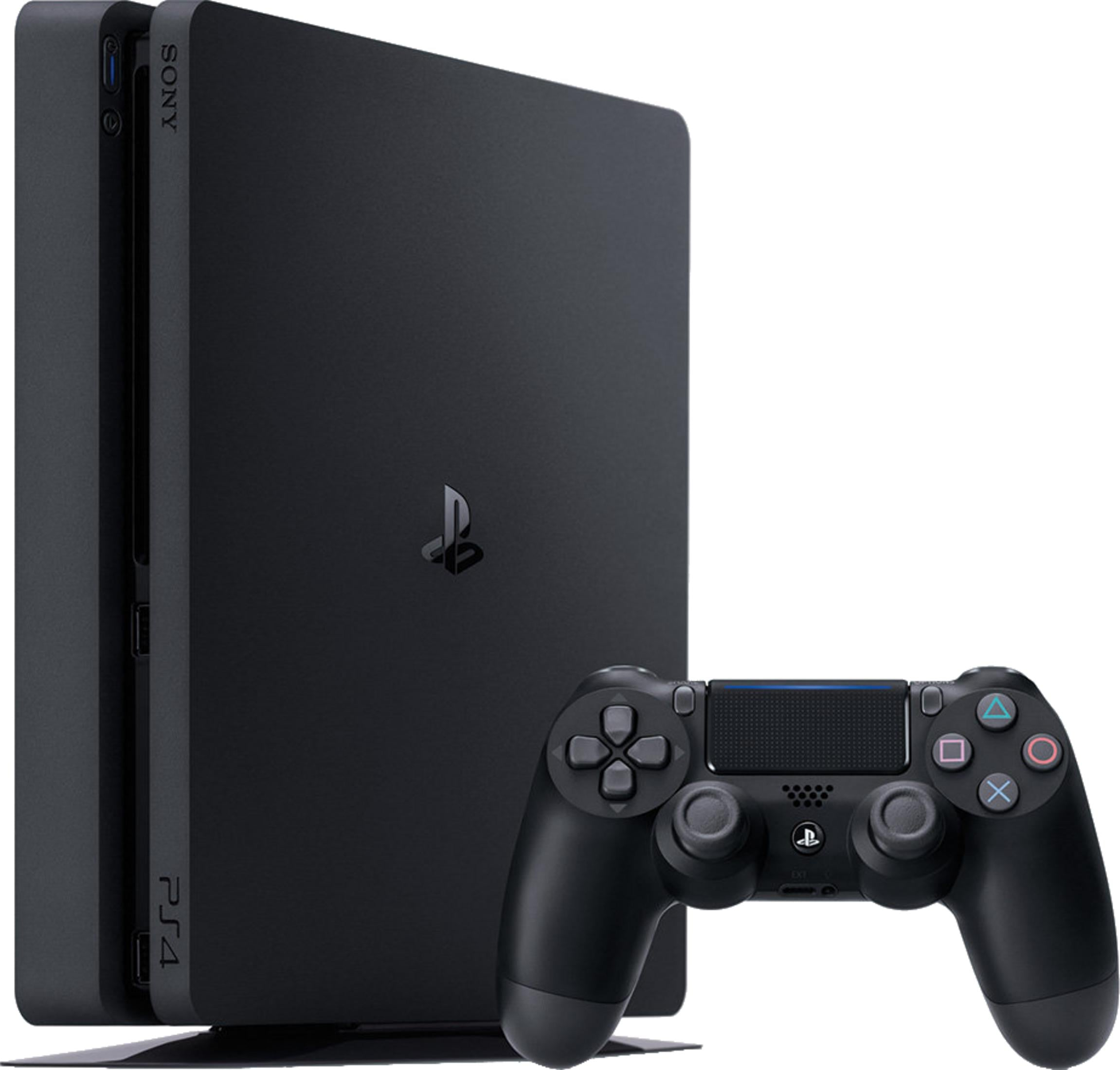 Schwarze Sony PlayStation 4 Konsole mit einem schwarzen Controller davor.