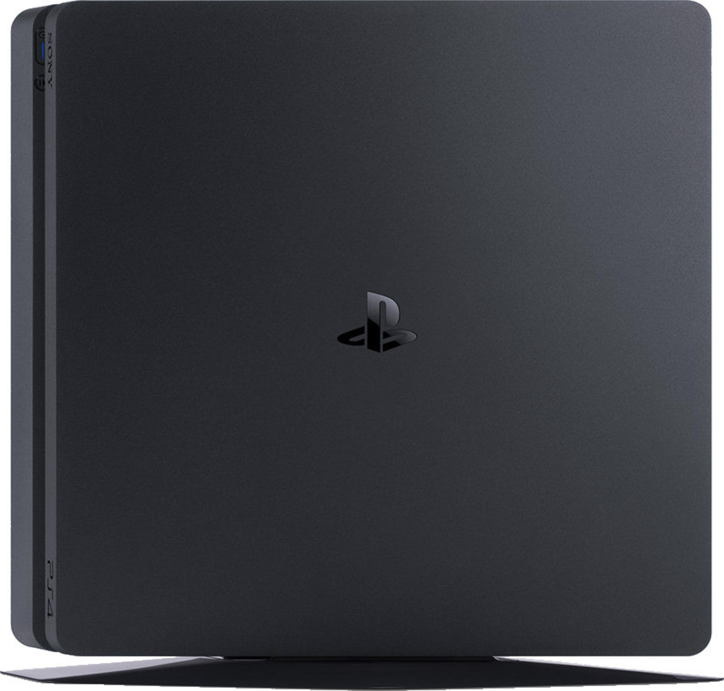 Schwarze PlayStation 4 Konsole mit dem PlayStation-Logo auf der Oberseite.