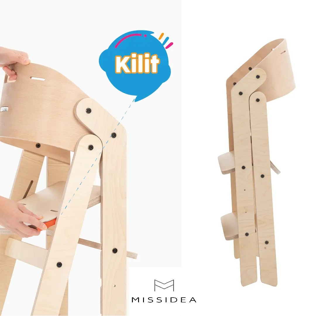 Yakın çekim katlanabilir ahşap mama sandalyesi, "Kilit" logosuyla.