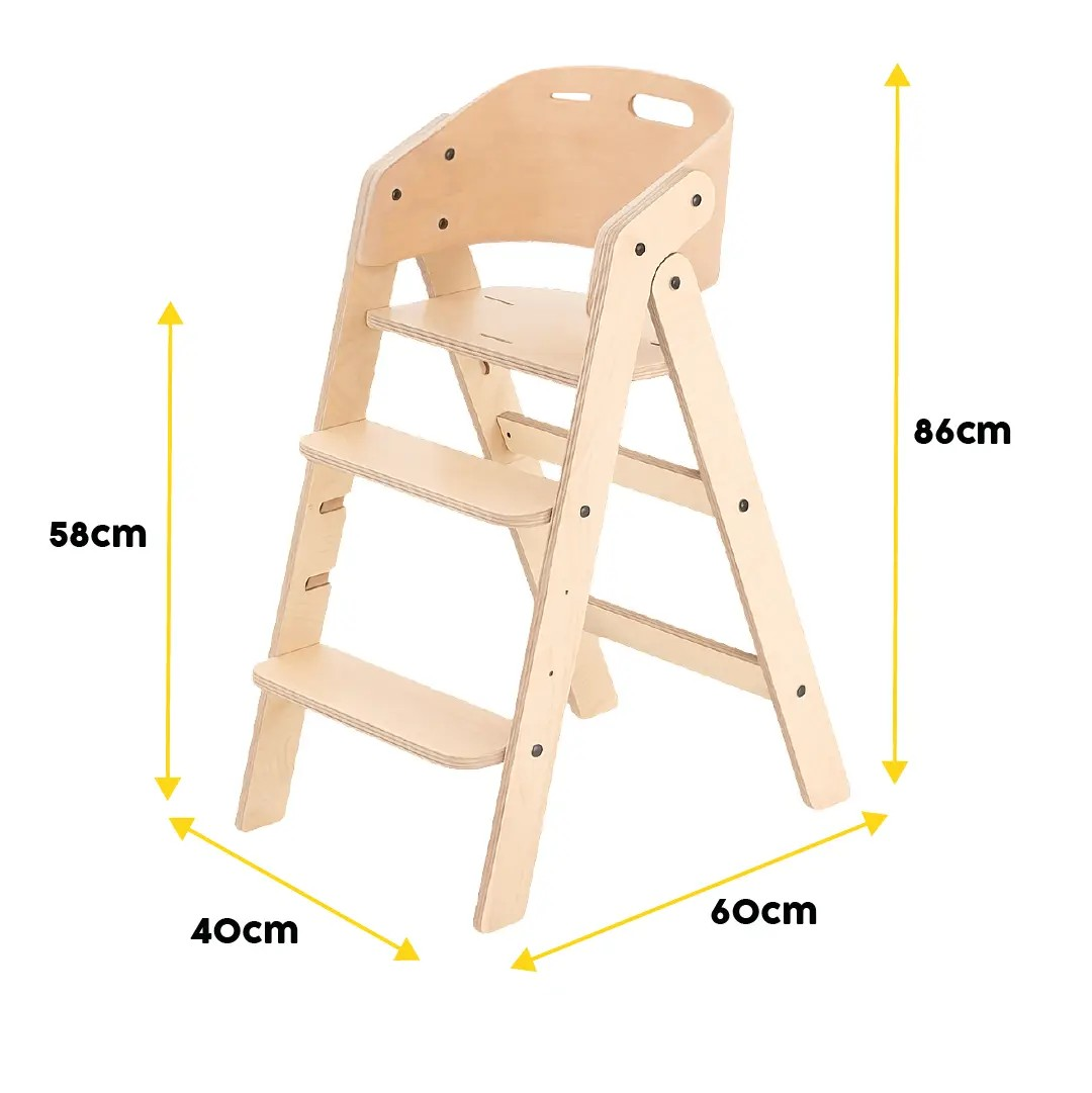 3 basamaklı ahşap mama sandalyesi. Yükseklik 86cm, genişlik 60cm, derinlik 40cm.