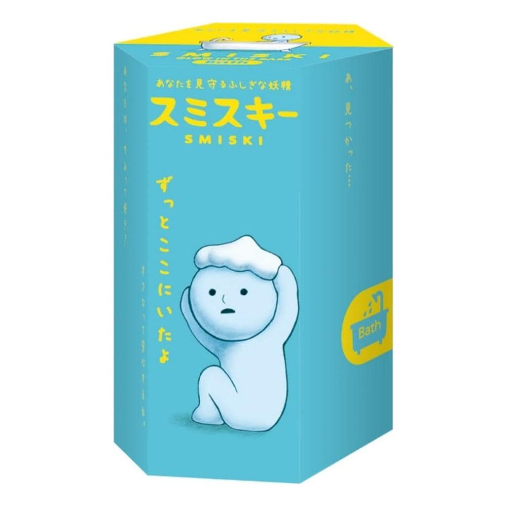 Eine blaue Box mit einem niedlichen weißen Charakter, der sich die Haare wäscht.