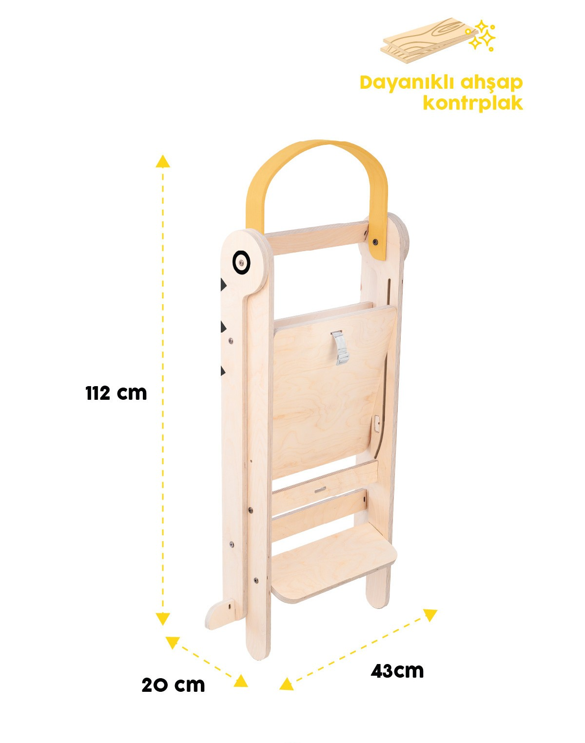 Sarı tutamaklı ahşap katlanır tabure, 112cm yükseklik, 20cm ve 43cm genişlik.