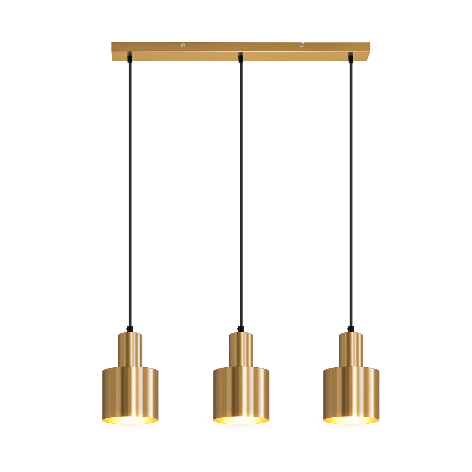Eine goldene Pendelleuchte mit drei zylindrischen Lampenschirmen.