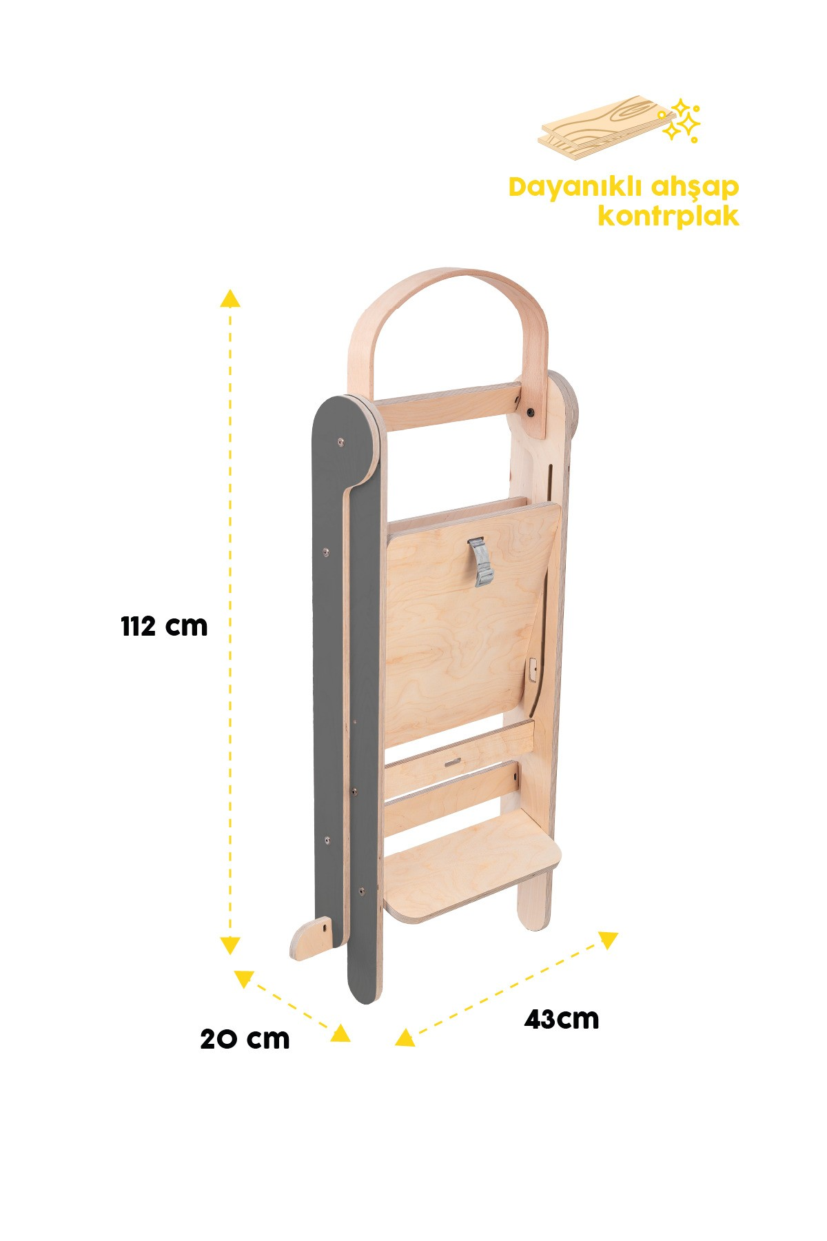 Ahşap öğrenme kulesi gri detaylı, 112 cm yüksek, 20 cm derin, 43 cm geniş.