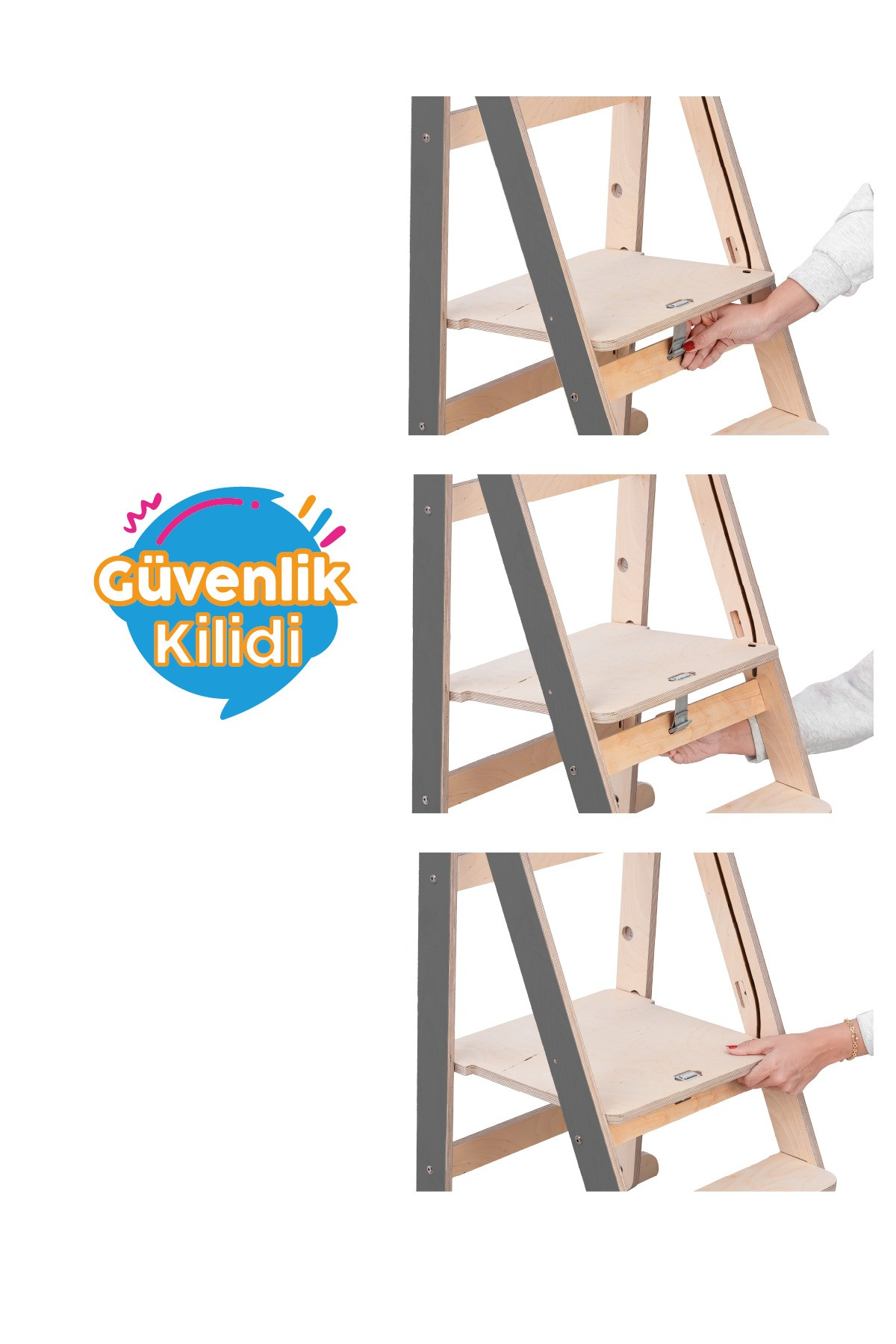 Bir elin işlettiği güvenlik kilitli çocuk koltuğu.