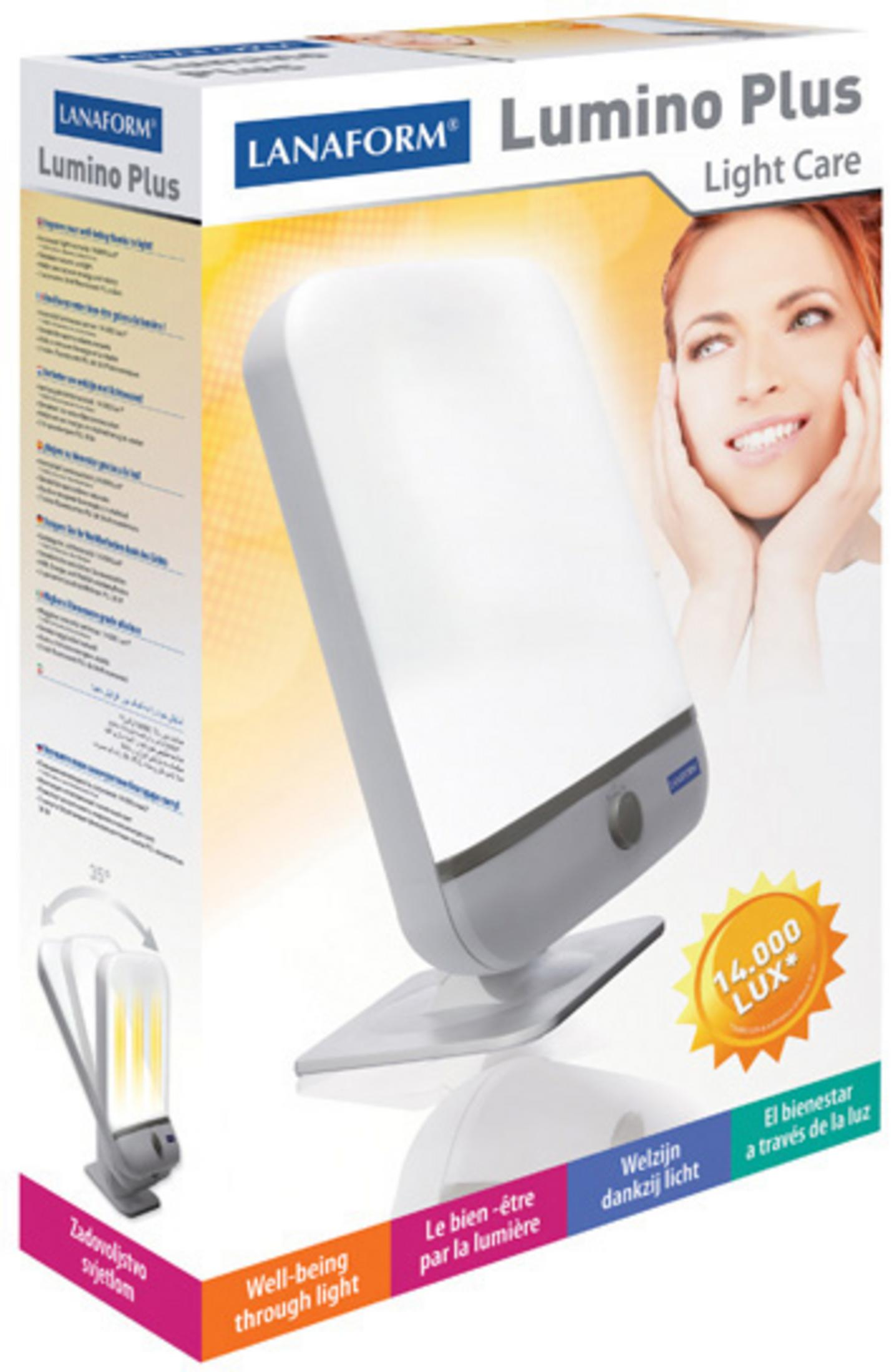 Lanaform Lumino Plus Lichttherapiegerät mit Sonnensymbol und Frau im Hintergrund.