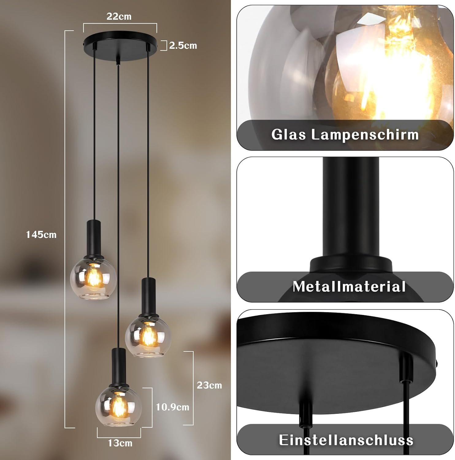 Lámpara colgante con tres esferas de cristal y placa de techo negra. Dimensiones mostradas.