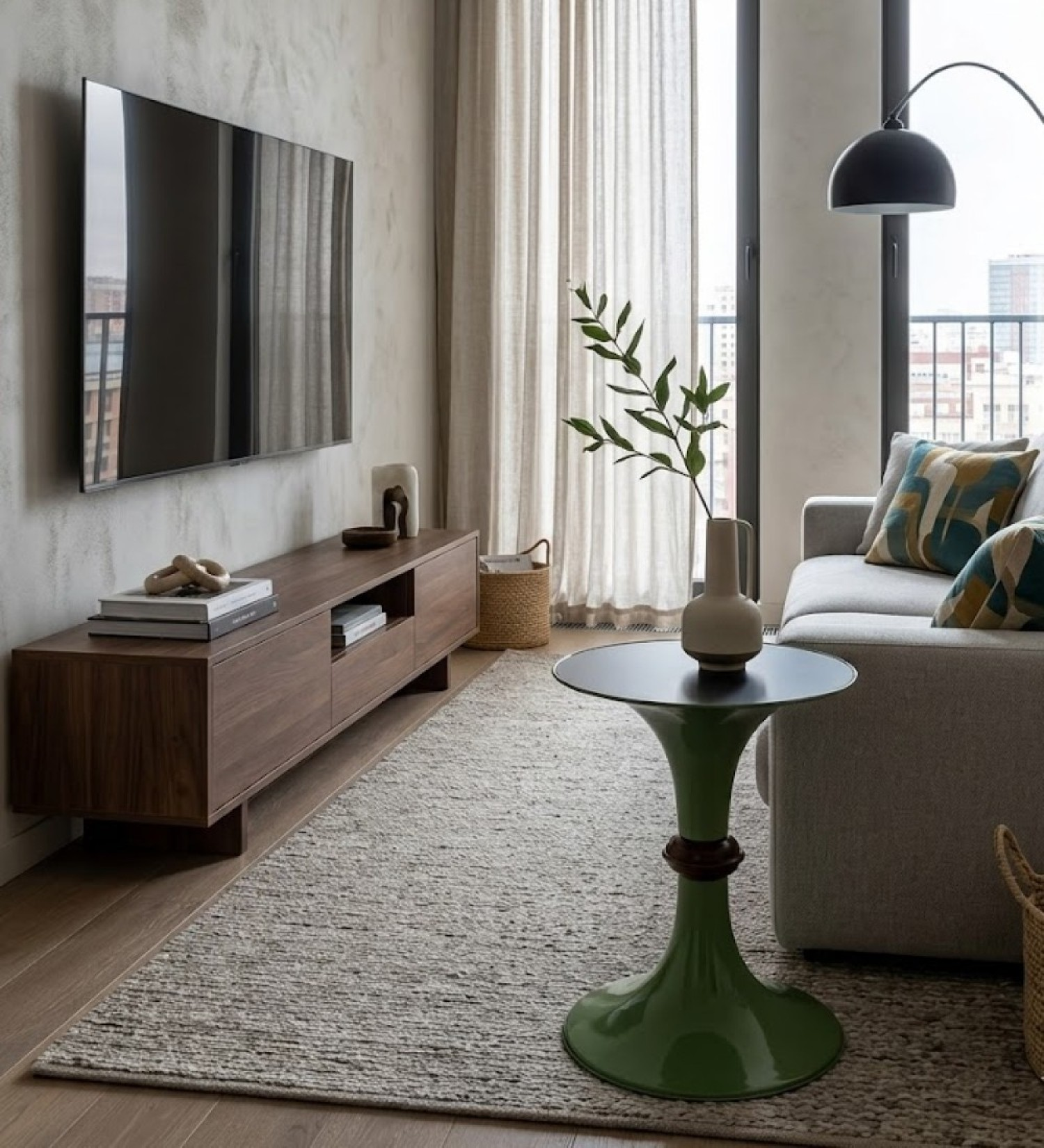 TV, kanepe, masa ve lambadan oluşan bir oturma odası.