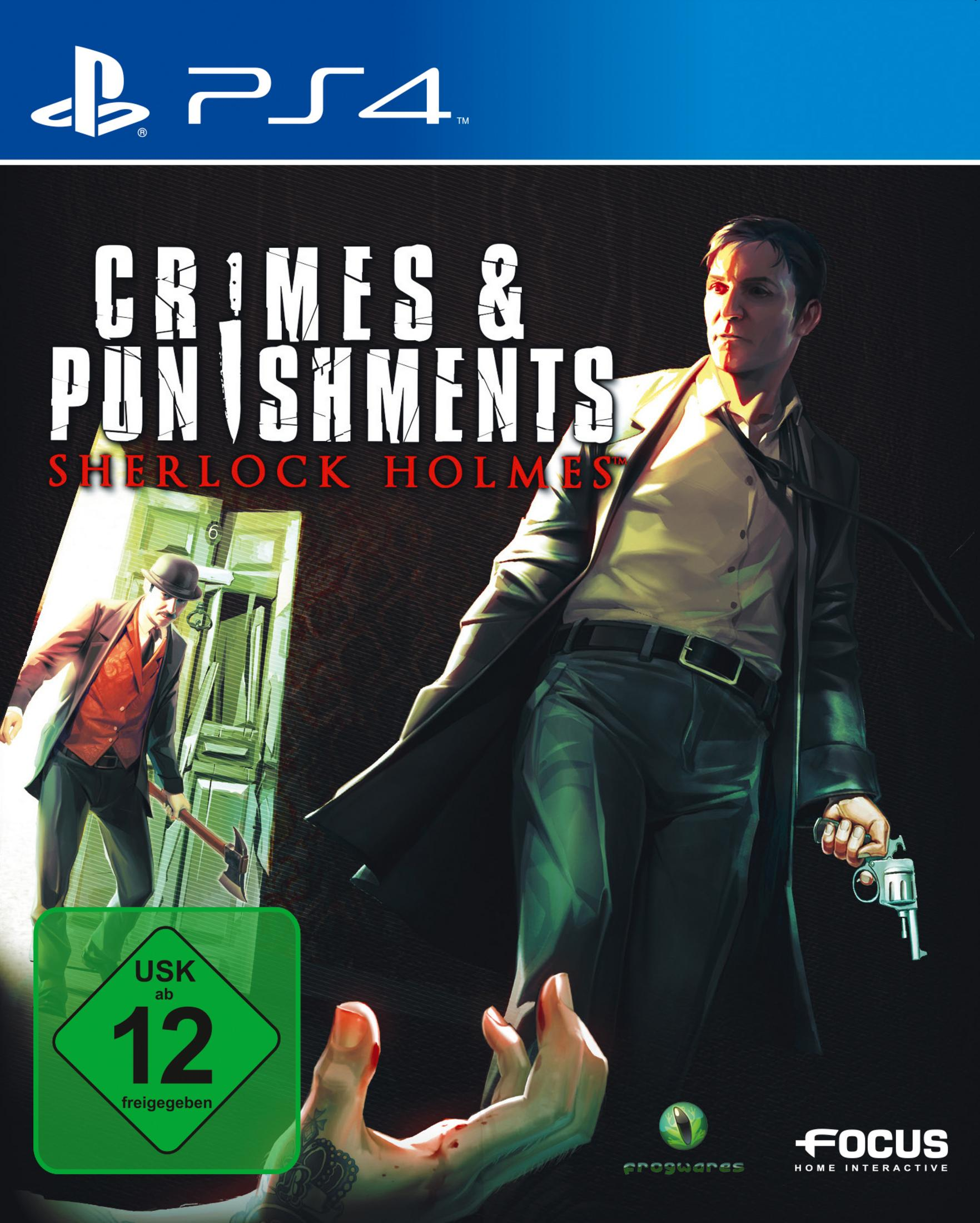 PS4-Spielcover: Sherlock Holmes mit Waffe, USK 12 Siegel, Mann mit Axt.