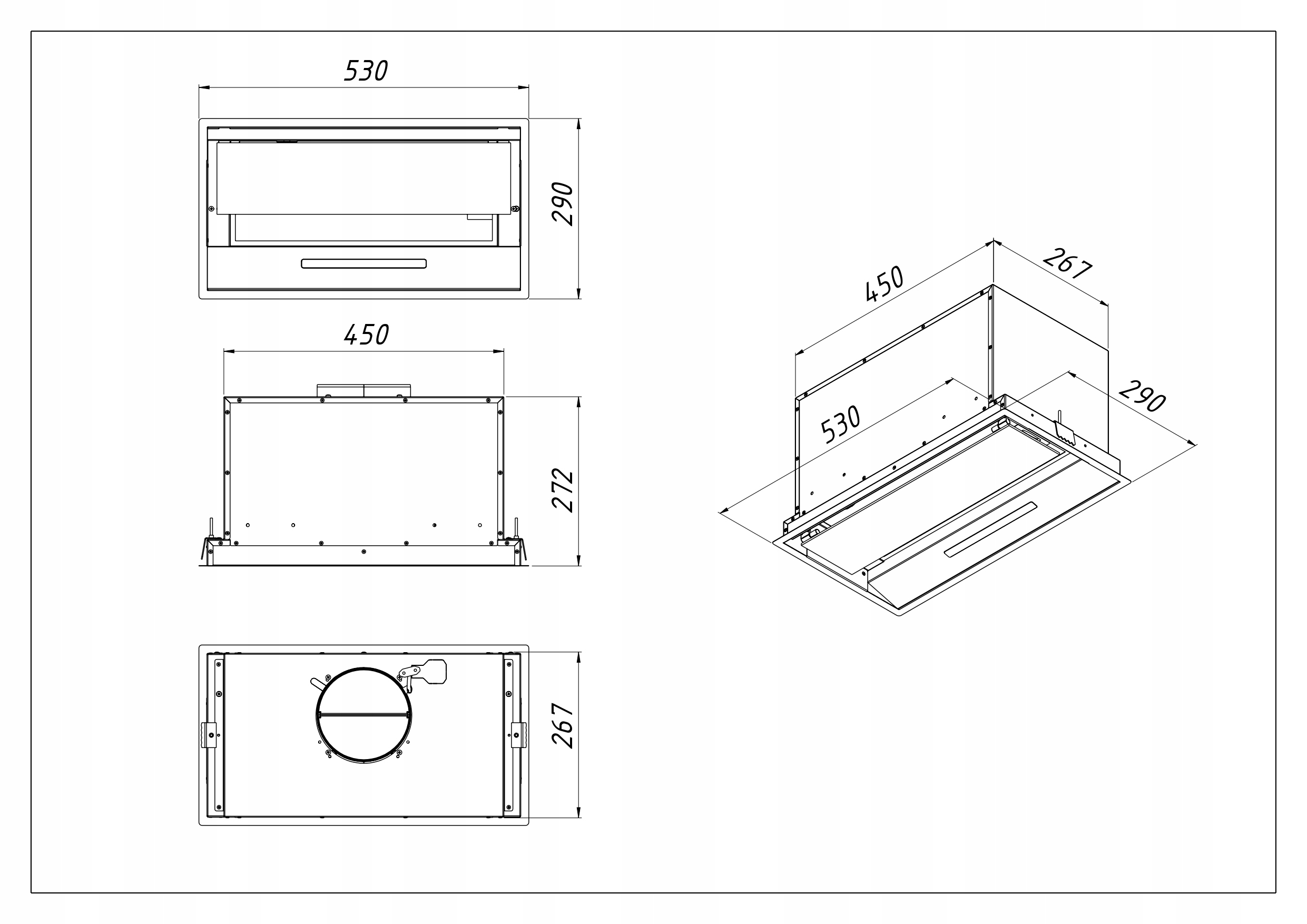 Rysunek techniczny okapu z wymiarami: 530x450x290mm.