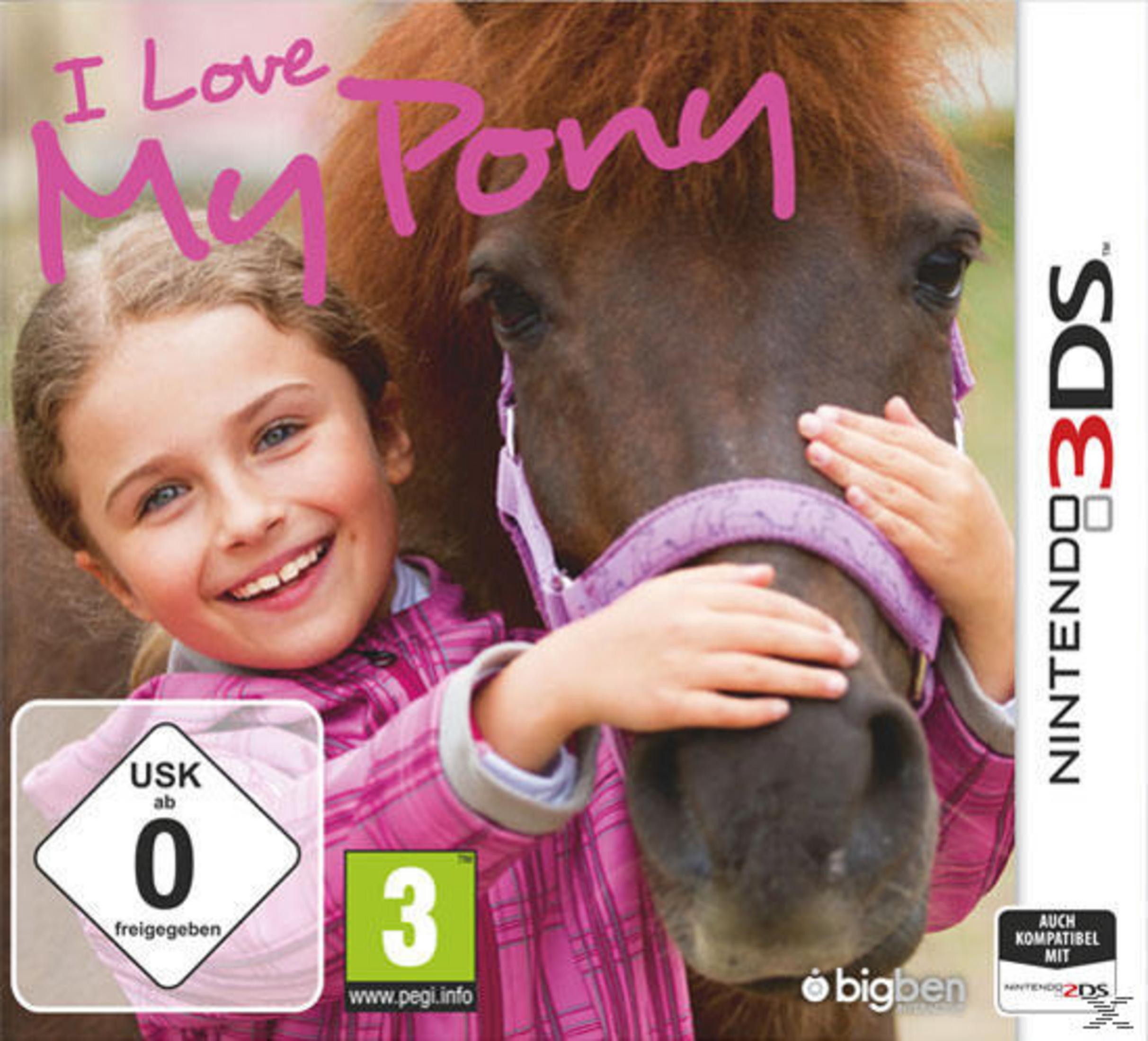 Ein Mädchen umarmt ein Pferd, "I Love My Pony" steht darüber. USK 0 und PEGI 3.