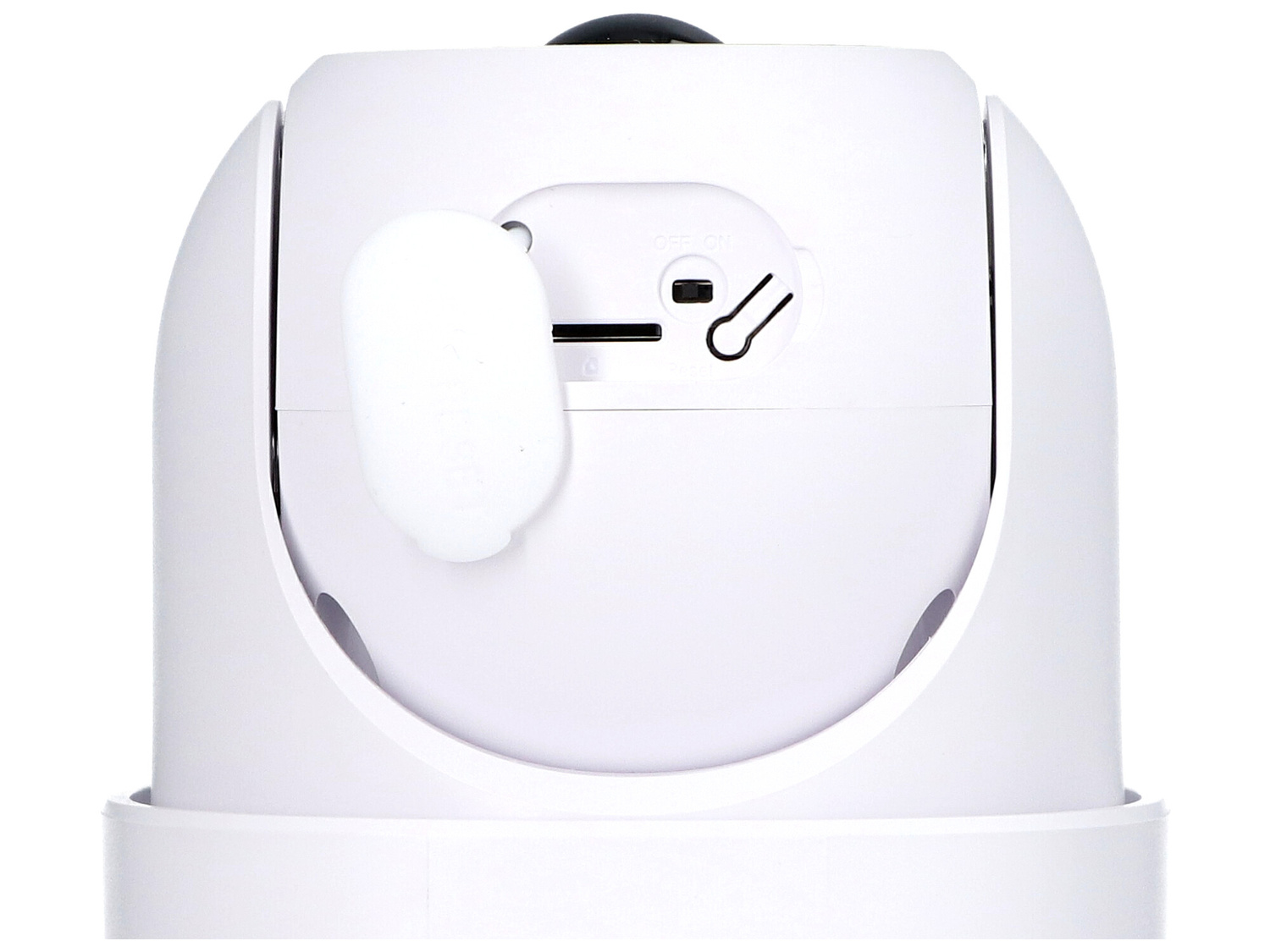 Biała kamera bezpieczeństwa z gniazdem karty SD i portem USB.