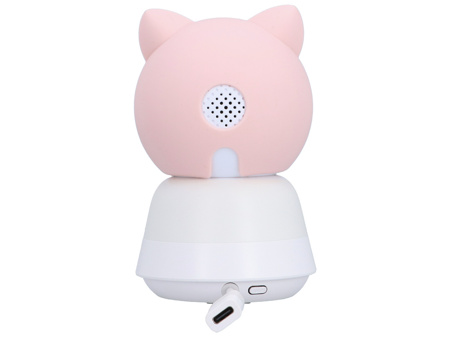 Różowy głośnik w kształcie kota z białym spodem i portem USB-C.
