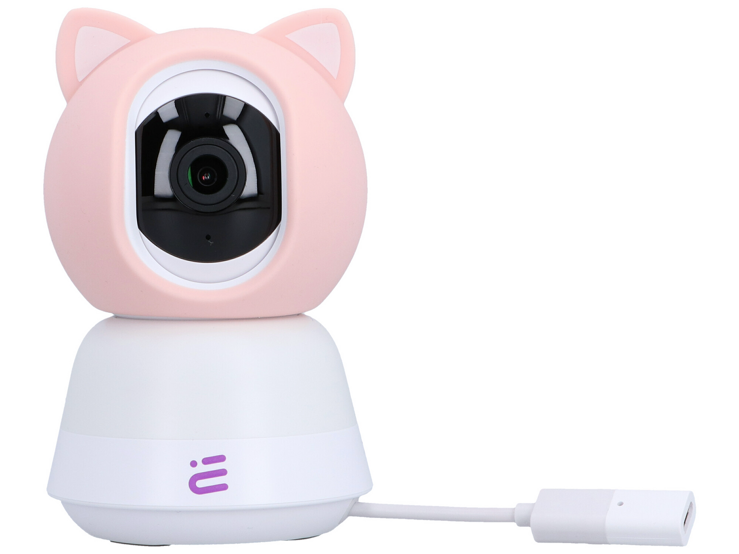 Różowa kamera w kształcie kota z białym dnem i kablem USB.