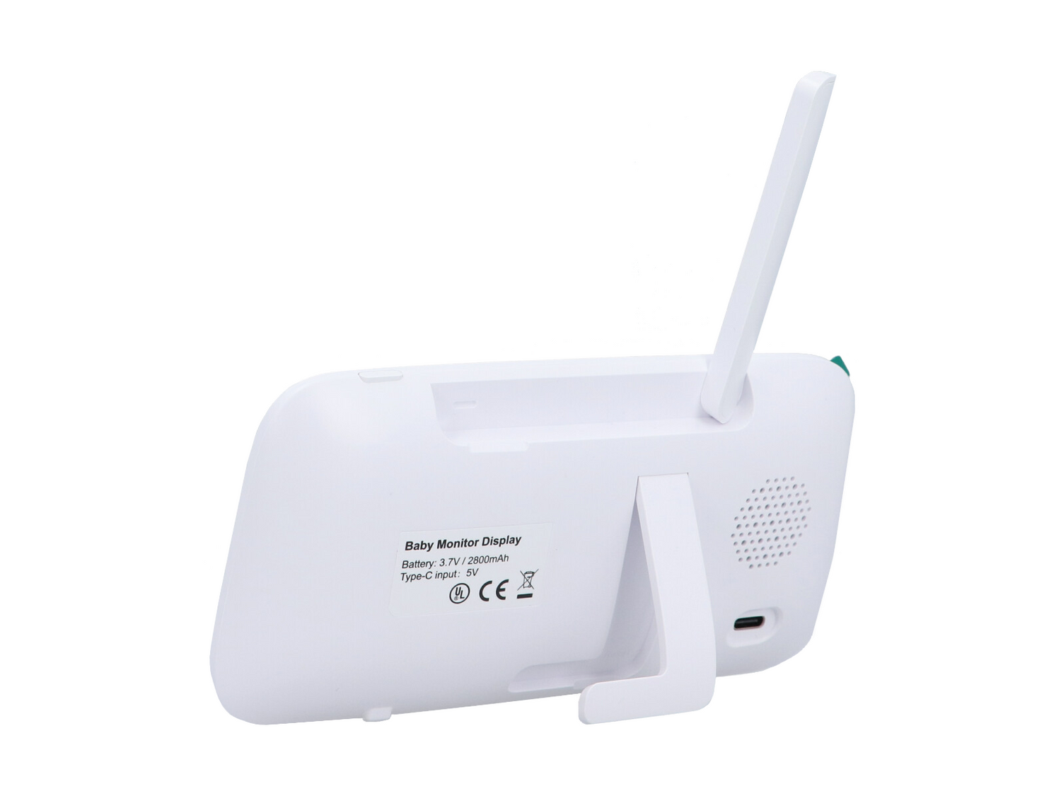 Biały wyświetlacz niani elektronicznej z anteną, stojakiem, głośnikiem i portem Type-C.